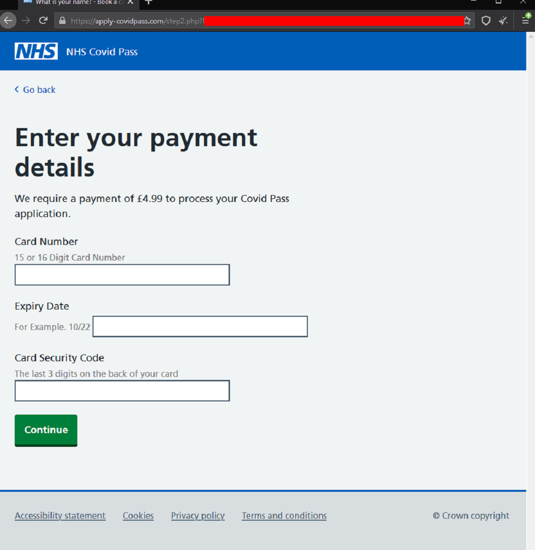 Screenshot of a webpage used as part of a scam targeting credit card details by posing as the NHS asking for payment to process a Covid Pass application