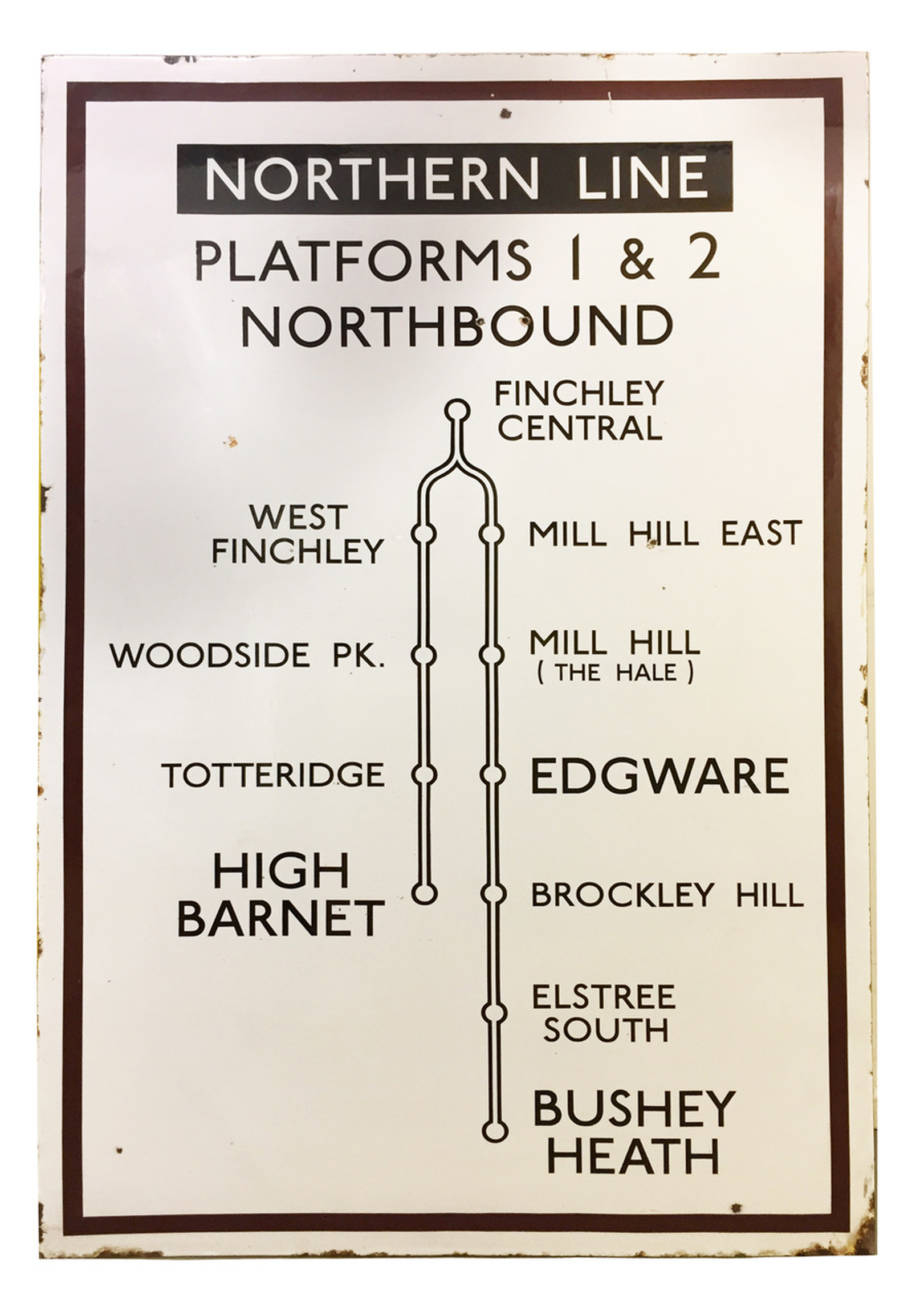 The Northern Line extension to Bushey Heath never happened but it did not stop signs being made. The enamel sign is expected to sell for between £800 and £1200 (Catherine Southon Auctioneers & Valuers/PA)