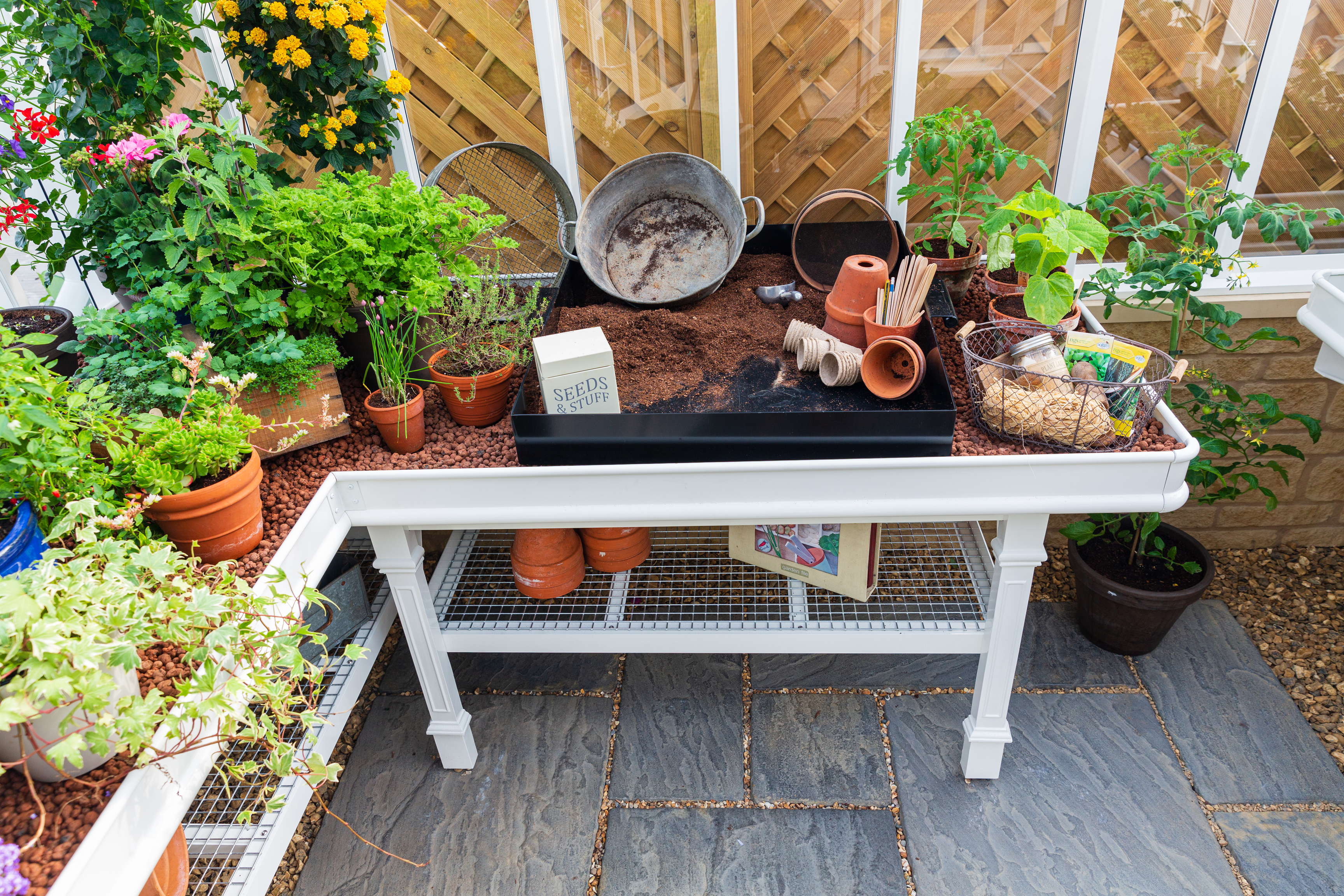 Greenhouse staging and plants (Griffin Glasshouses/PA)