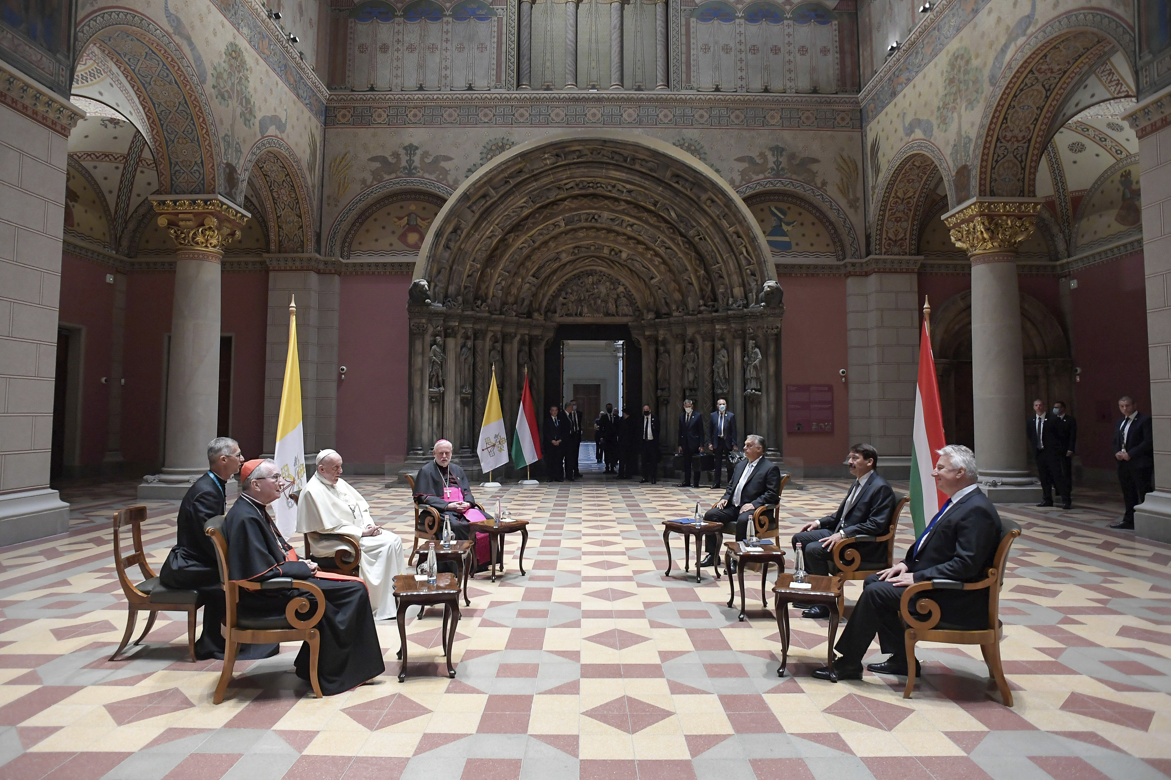 Pope Francis, left, meets Hungarian President Janos Ader, second from right, and Prime Minister Viktor Orban, third from right, at Budapest's Museum of Fine Arts 