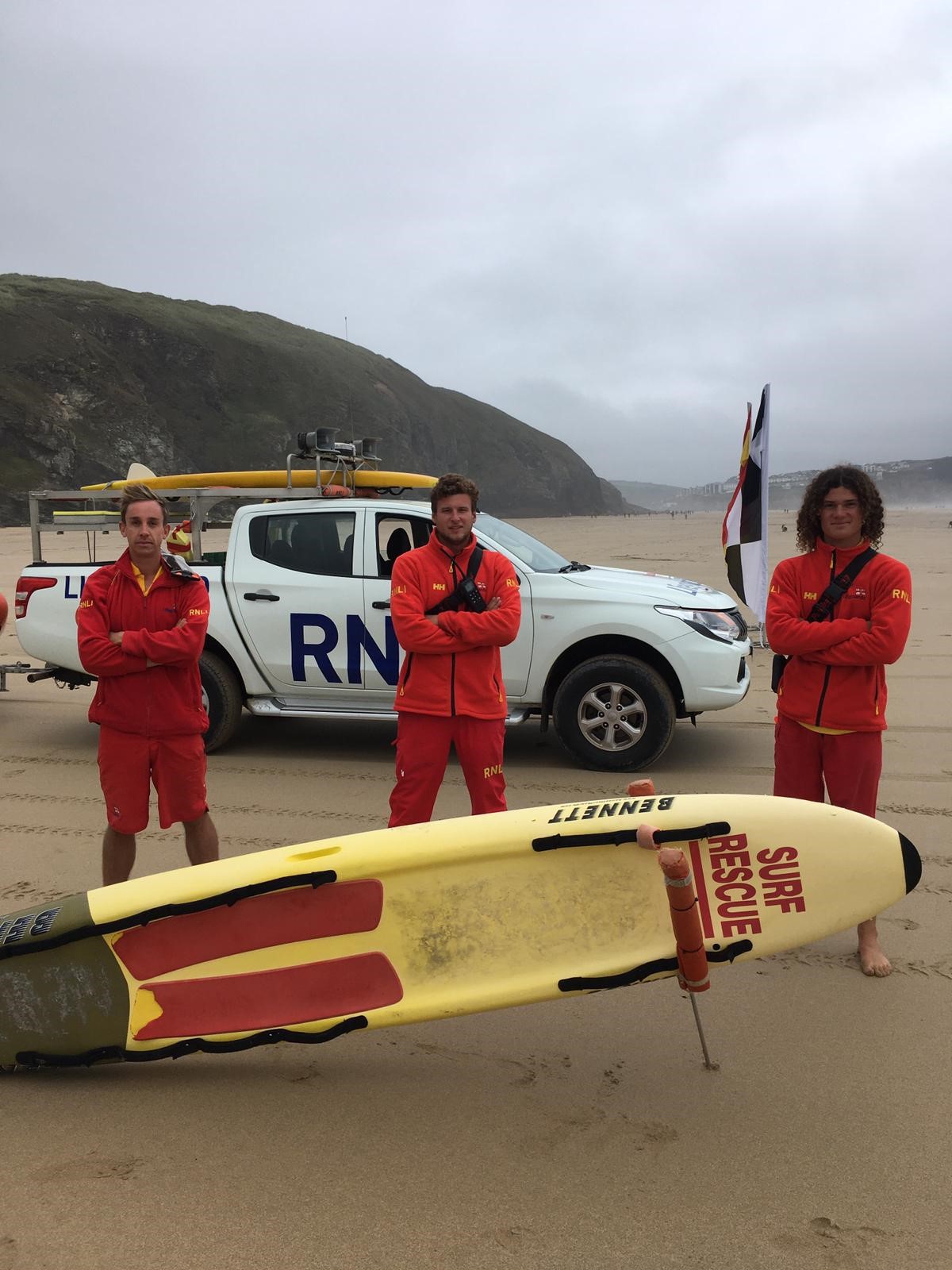 Lifeguards Tomo Harder, Charley Florey and Ben Evans after Saturday's rescue (RNLI/PA)