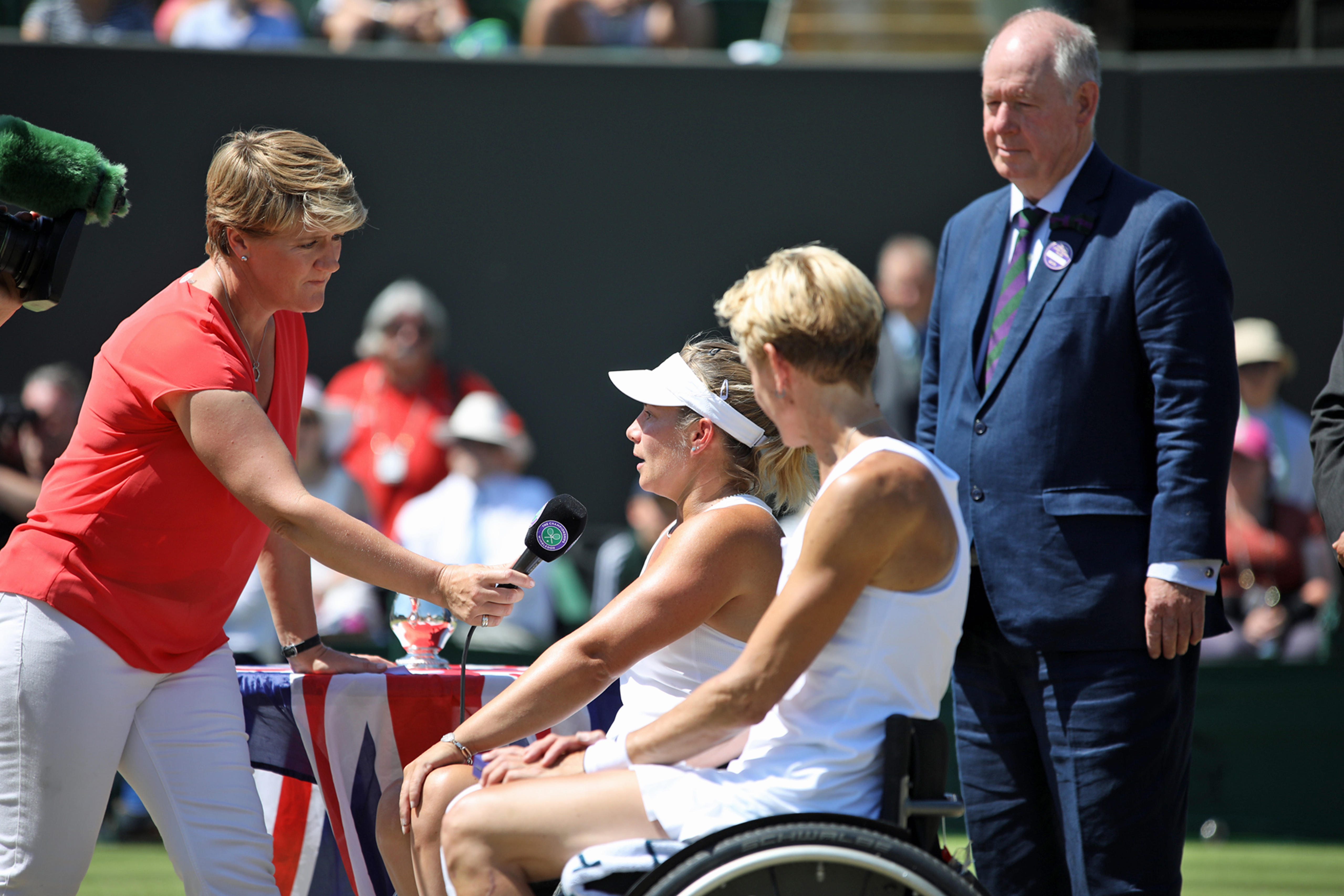 Clare Balding interviewing wheelchair athletes at Wimbledon 2018