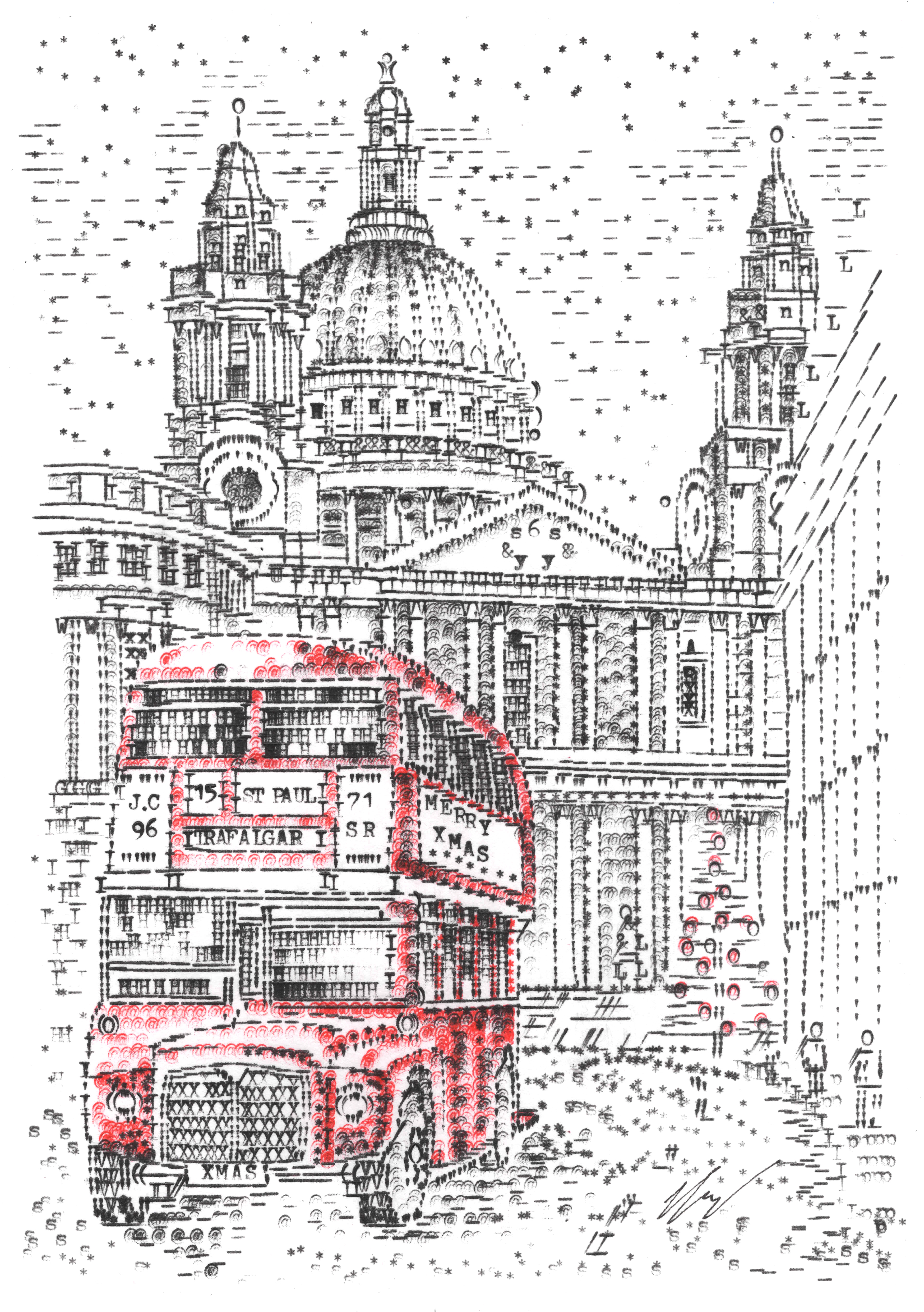 A Christmas card design created by James Cook. It has an image of a red London bus, with St Paul's Cathedral in the background.