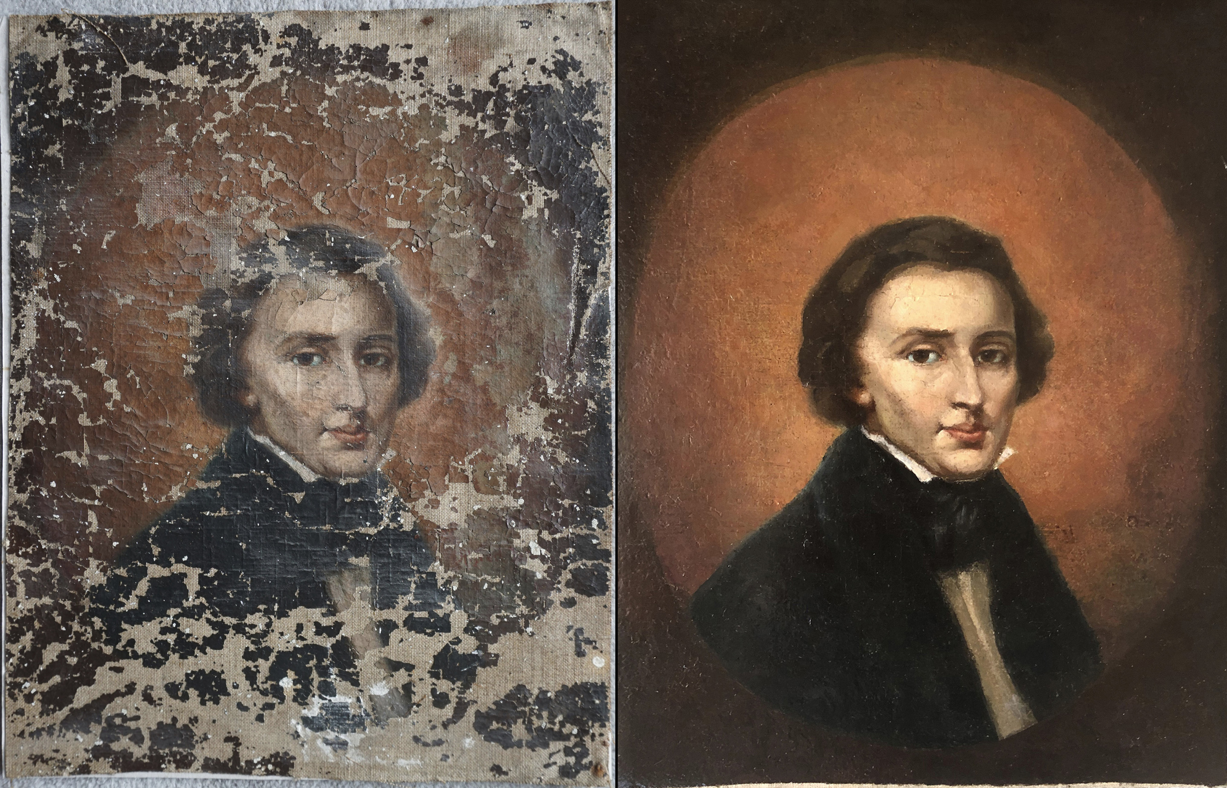 A before and after of the portrait pre- and post-renovation