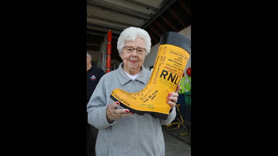 Mrs Broocks with a wellington boot (RNLI/KT Bruce)
