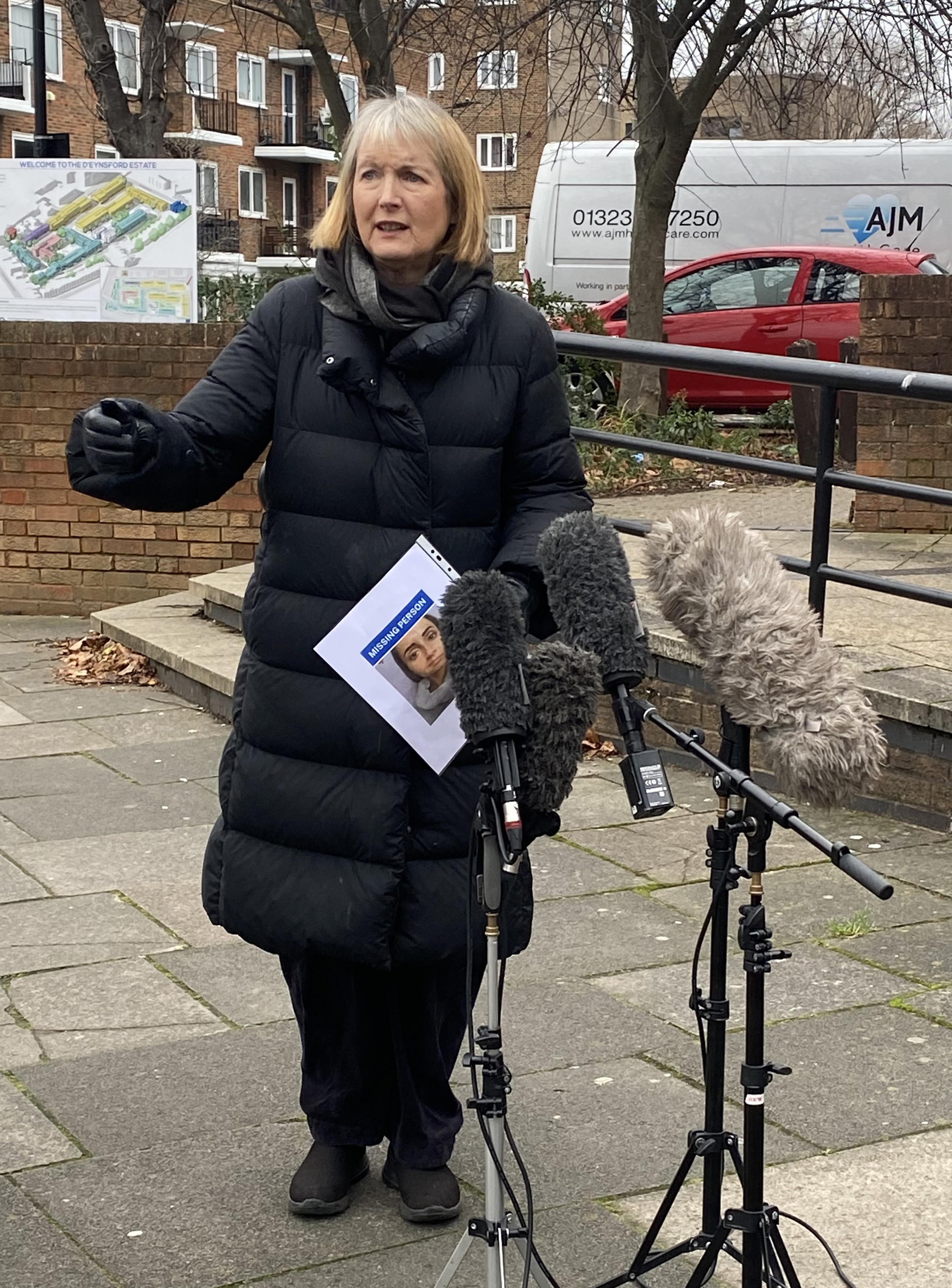 MP Harriet Harman speaks in Camberwell, London, as she heads a search party and hands out missing posters of Petra Srncova, 32, who has been missing from south London for a week. 