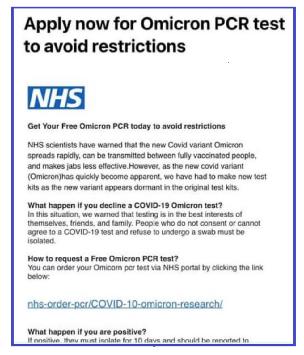 Image of a scam message sent to the public about the Omicron variant and PCR tests