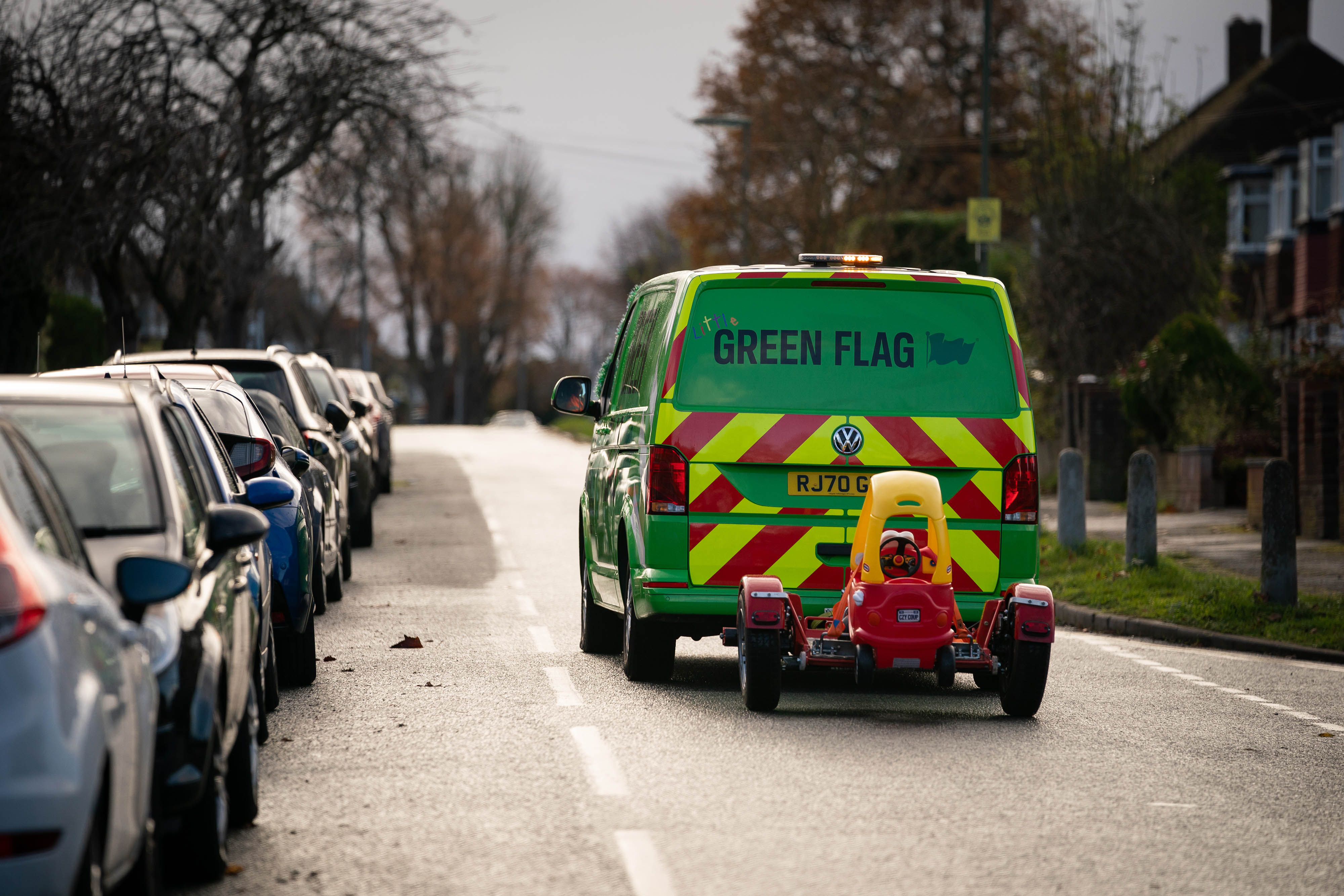 Little Green Flag tows away 8-year old Noah Montenegro's used toy car to be recycled as part of the brand's purpose-led recover and reward service