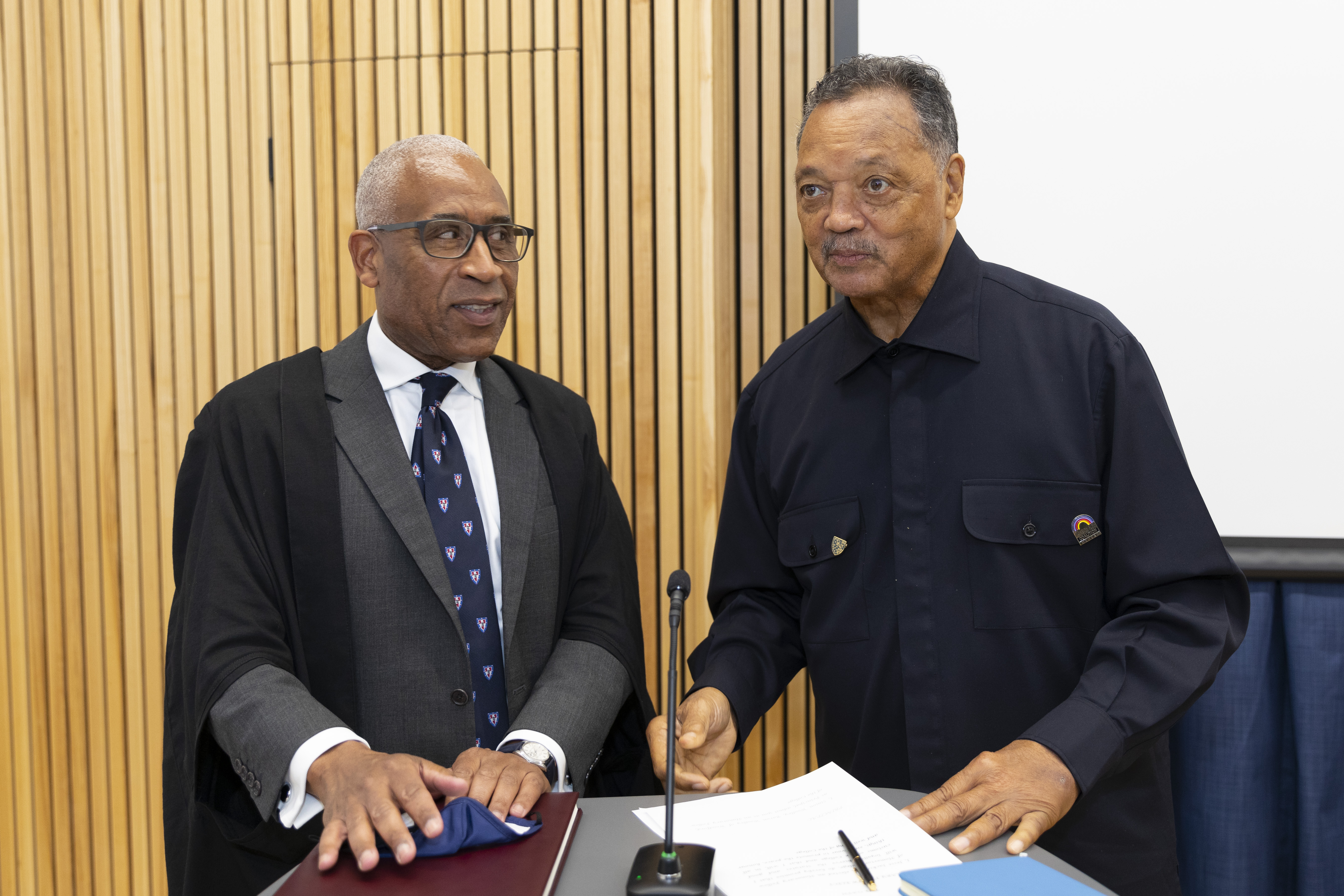 US civil rights activist Reverend Jesse Jackson has been made an honorary fellow of Cambridge's Homerton College. He is pictured with the college's principal Lord Woolley. (David Johnson/ PA)