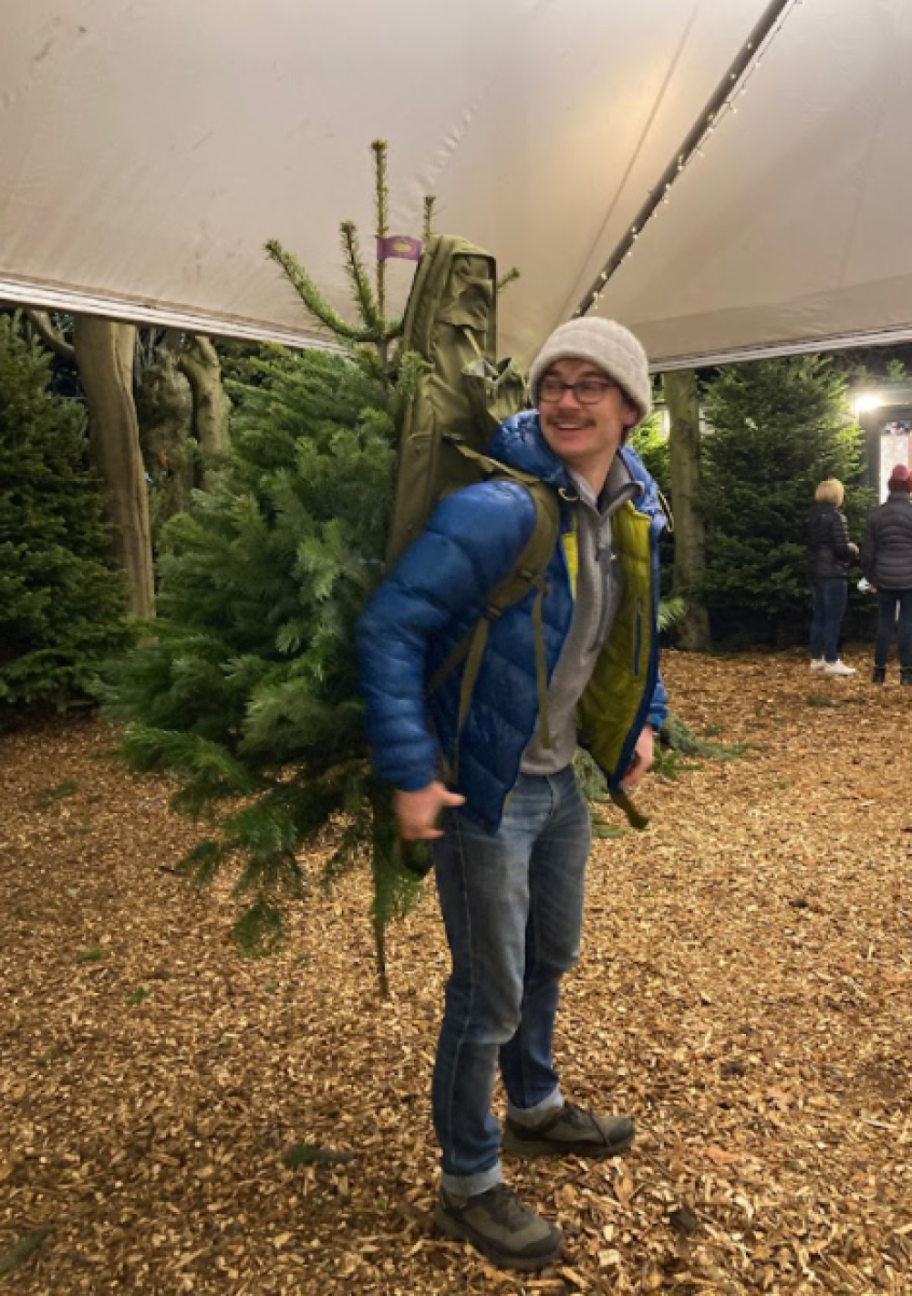 Sam Strong with the unique rucksack that enables Ed Jackson to carry the Christmas Tree