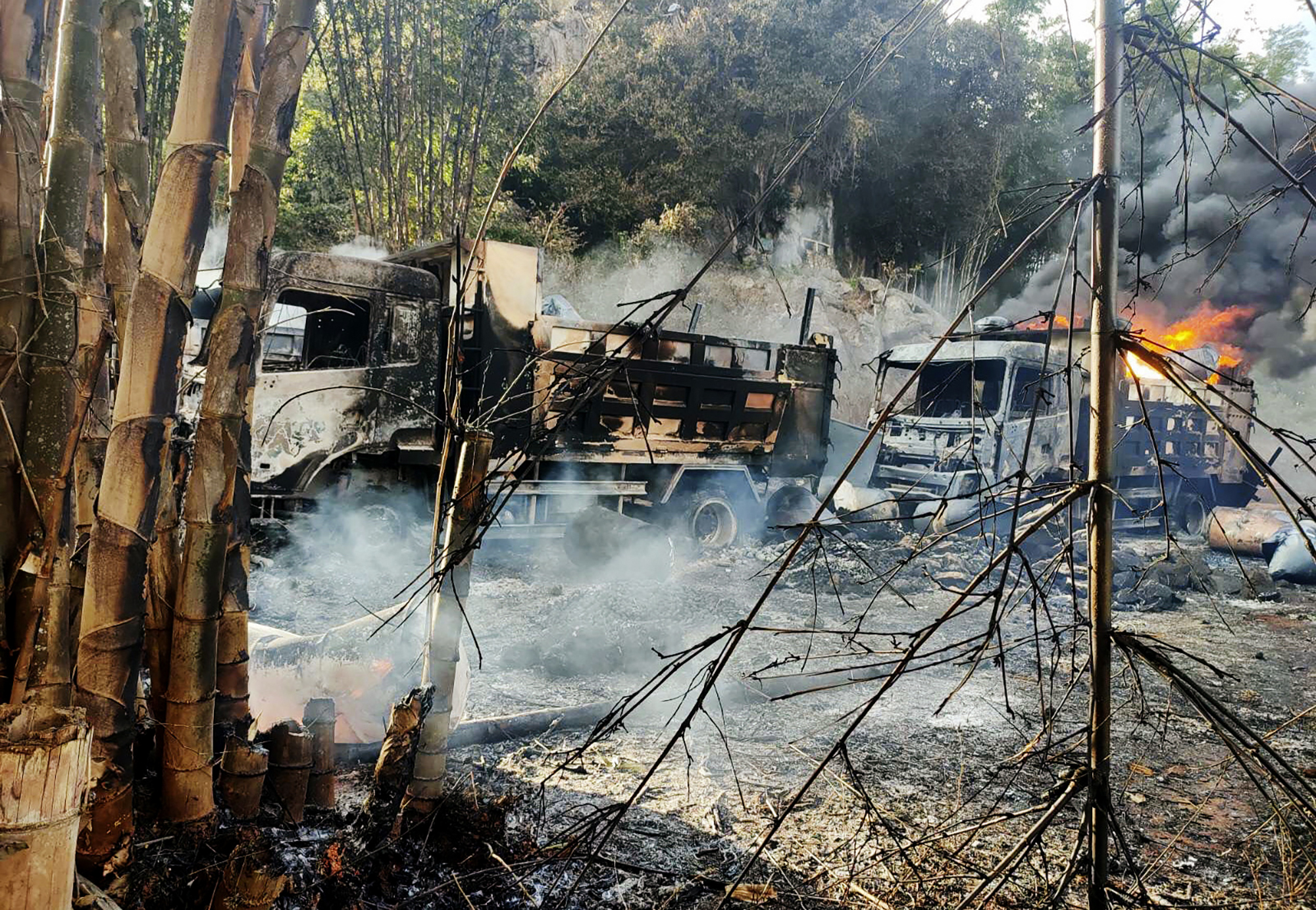 Smoke and flames billow from vehicles in Hpruso township, Kayah state, Myanmar, on Friday 