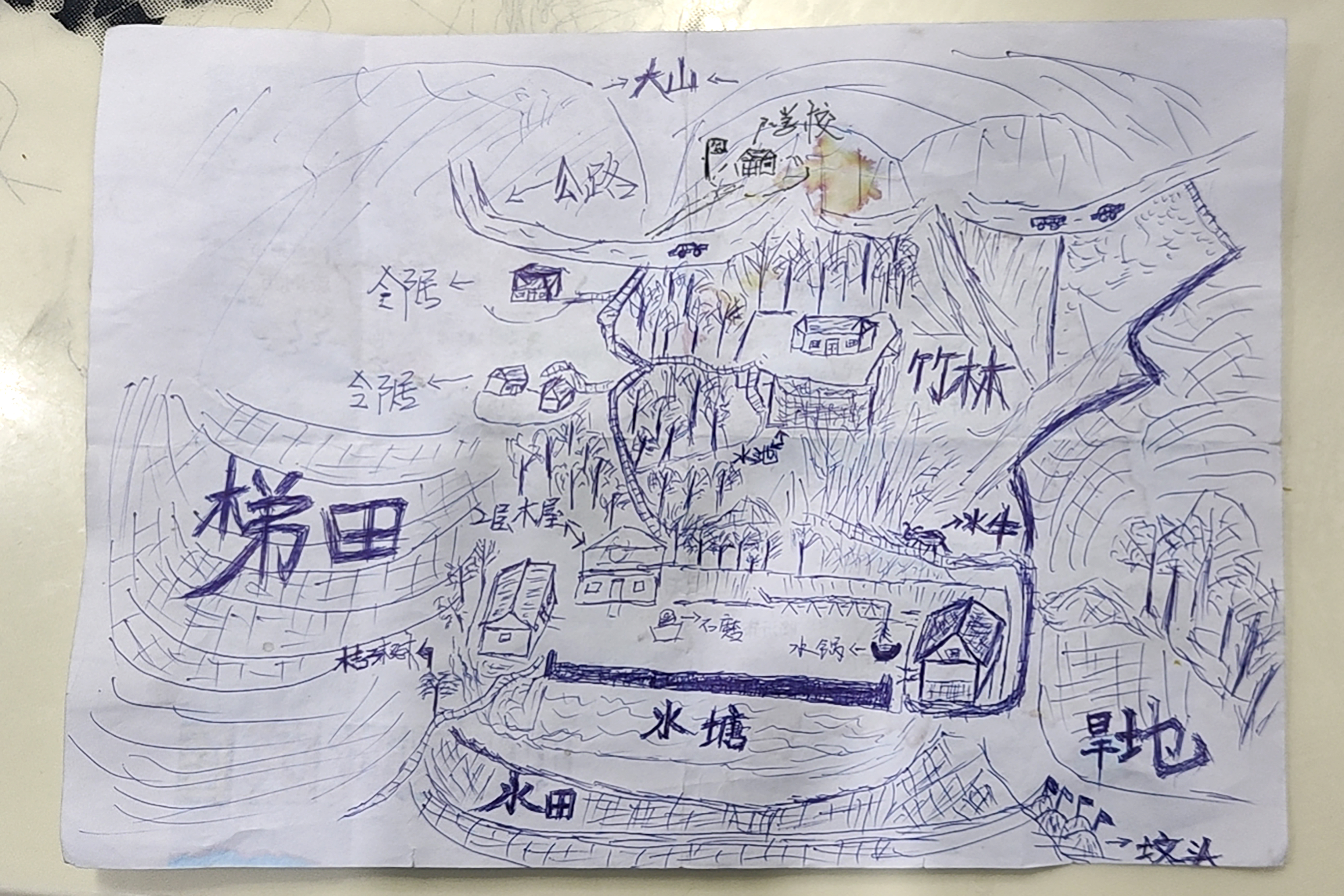 A map Li Jingwei drew from memory of his childhood village is shown in Lankao in central China's Henan Province 