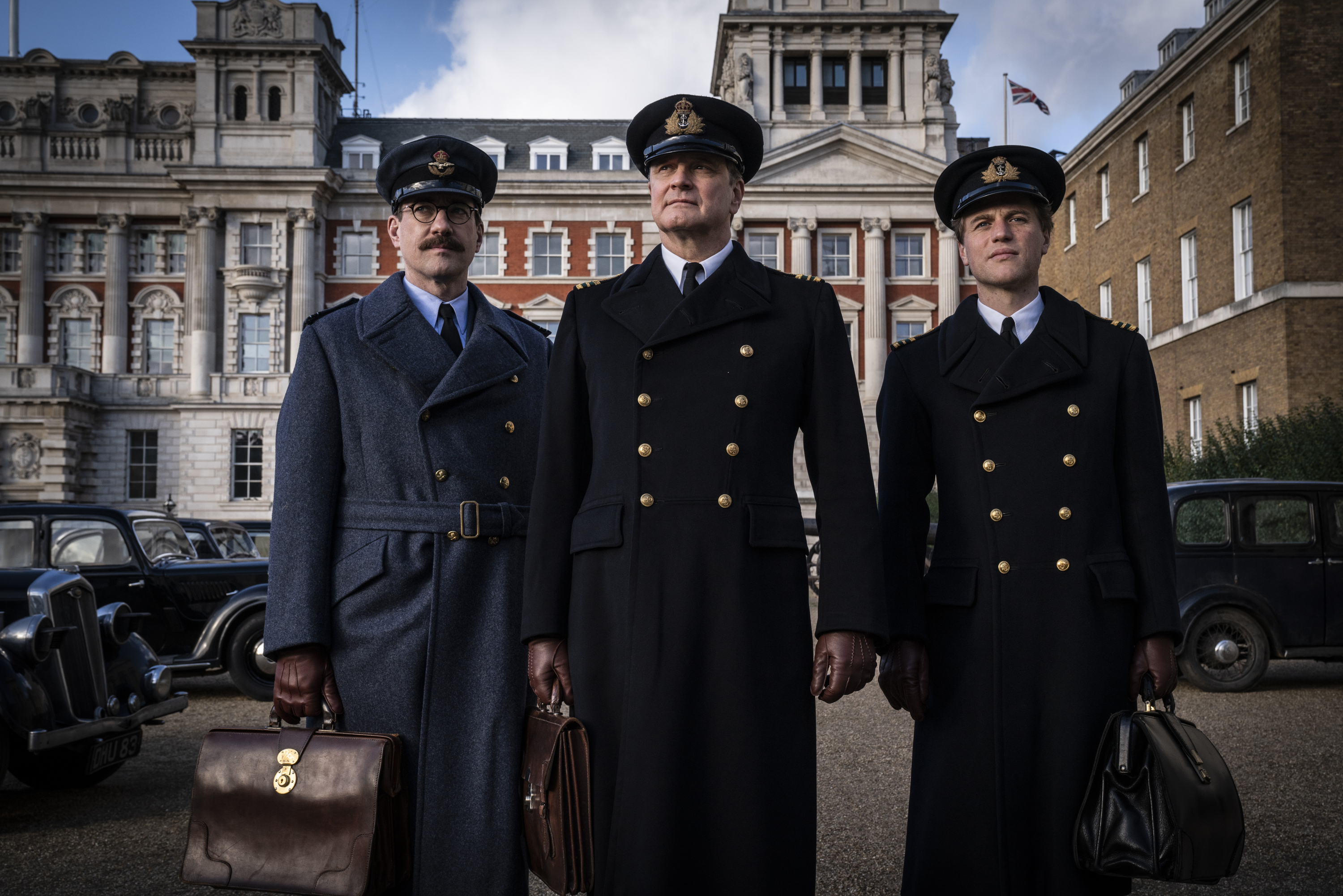 Matthew Macfadyen as Charles Cholmondeley, Colin Firth as Ewen Montagu and Johnny Flynn as Ian Fleming in Operation Mincemeat