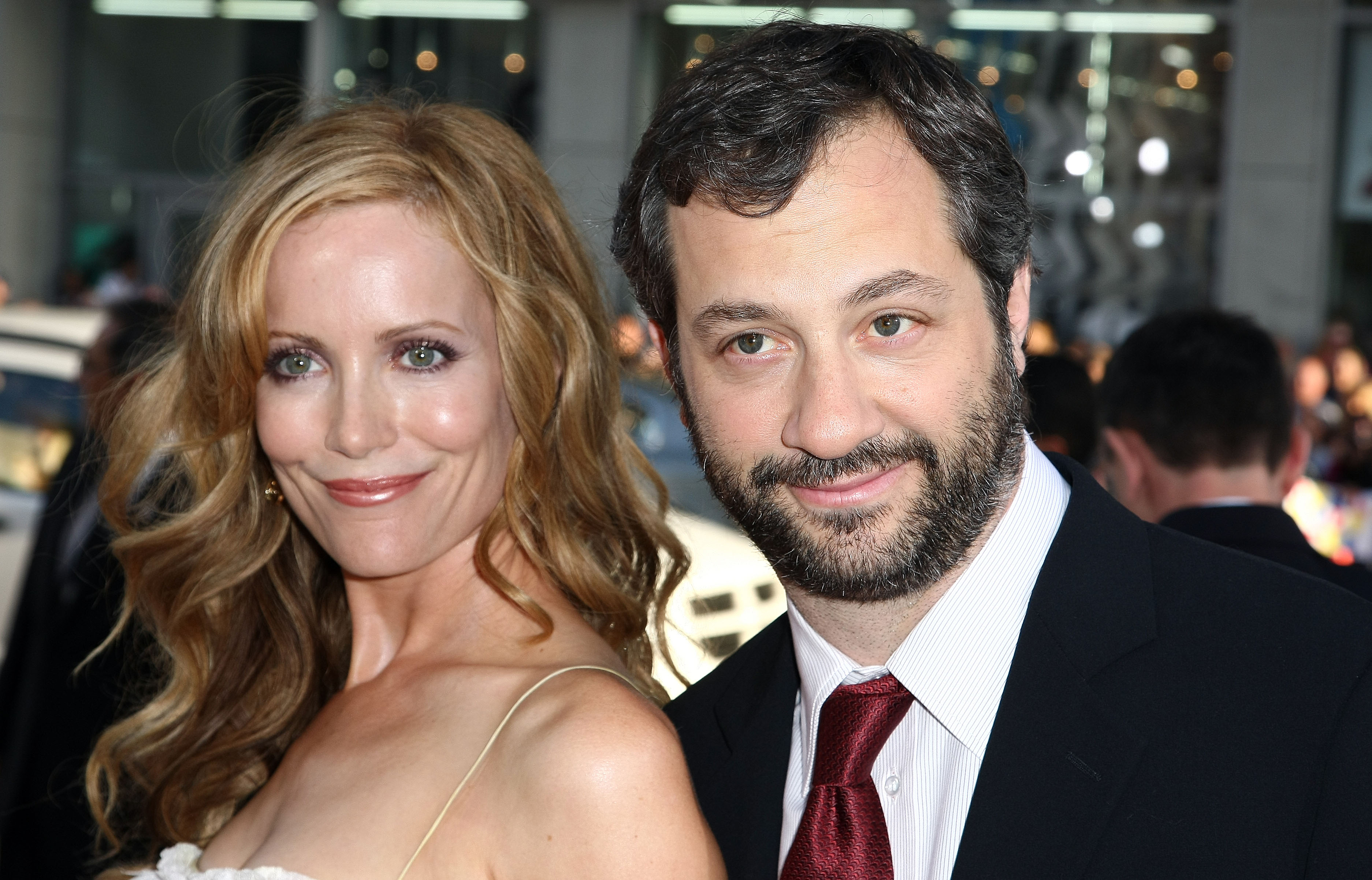Leslie Mann and Judd Apatow looking at the camera