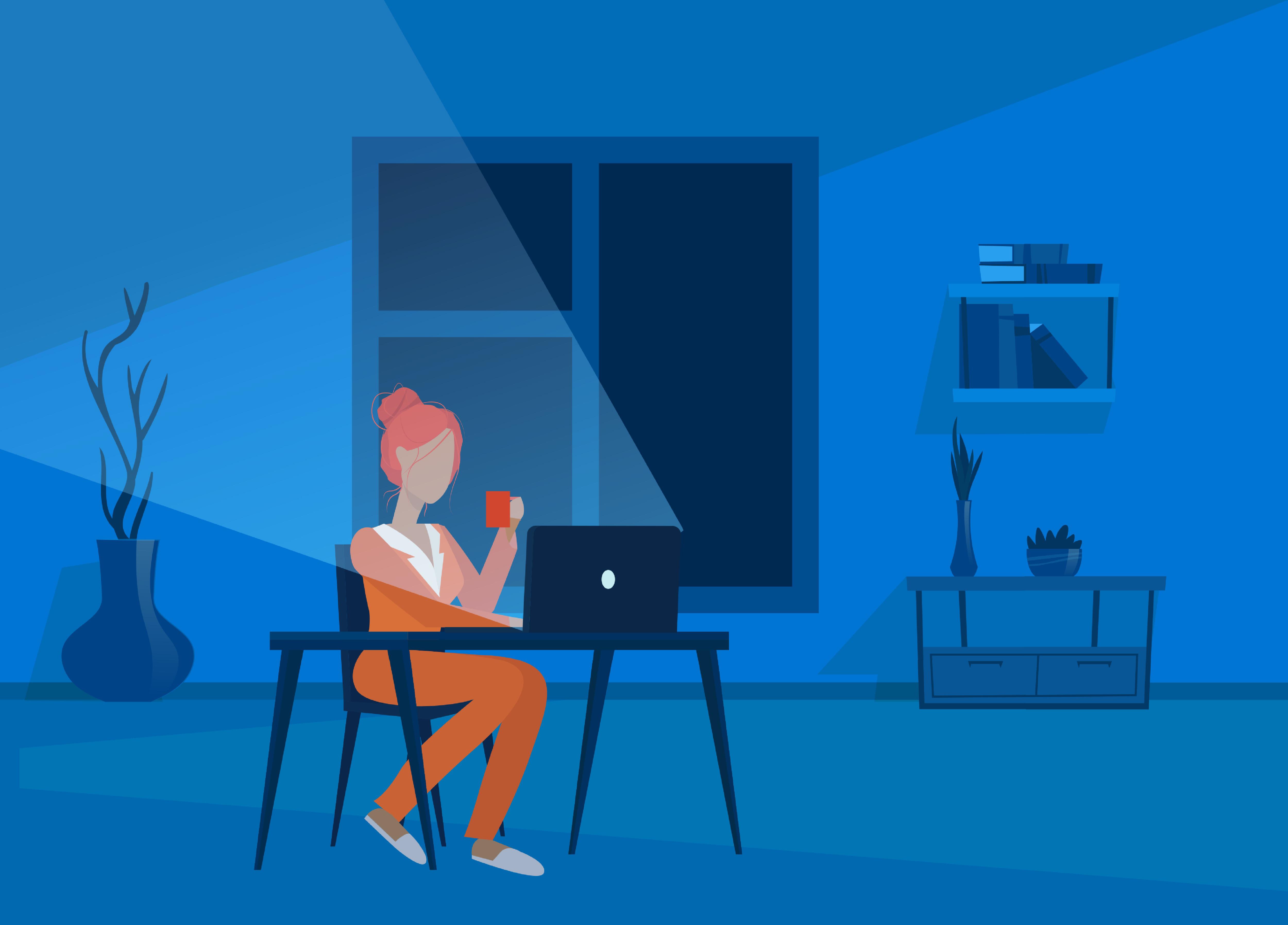 Cartoon of a woman sitting at her laptop at night