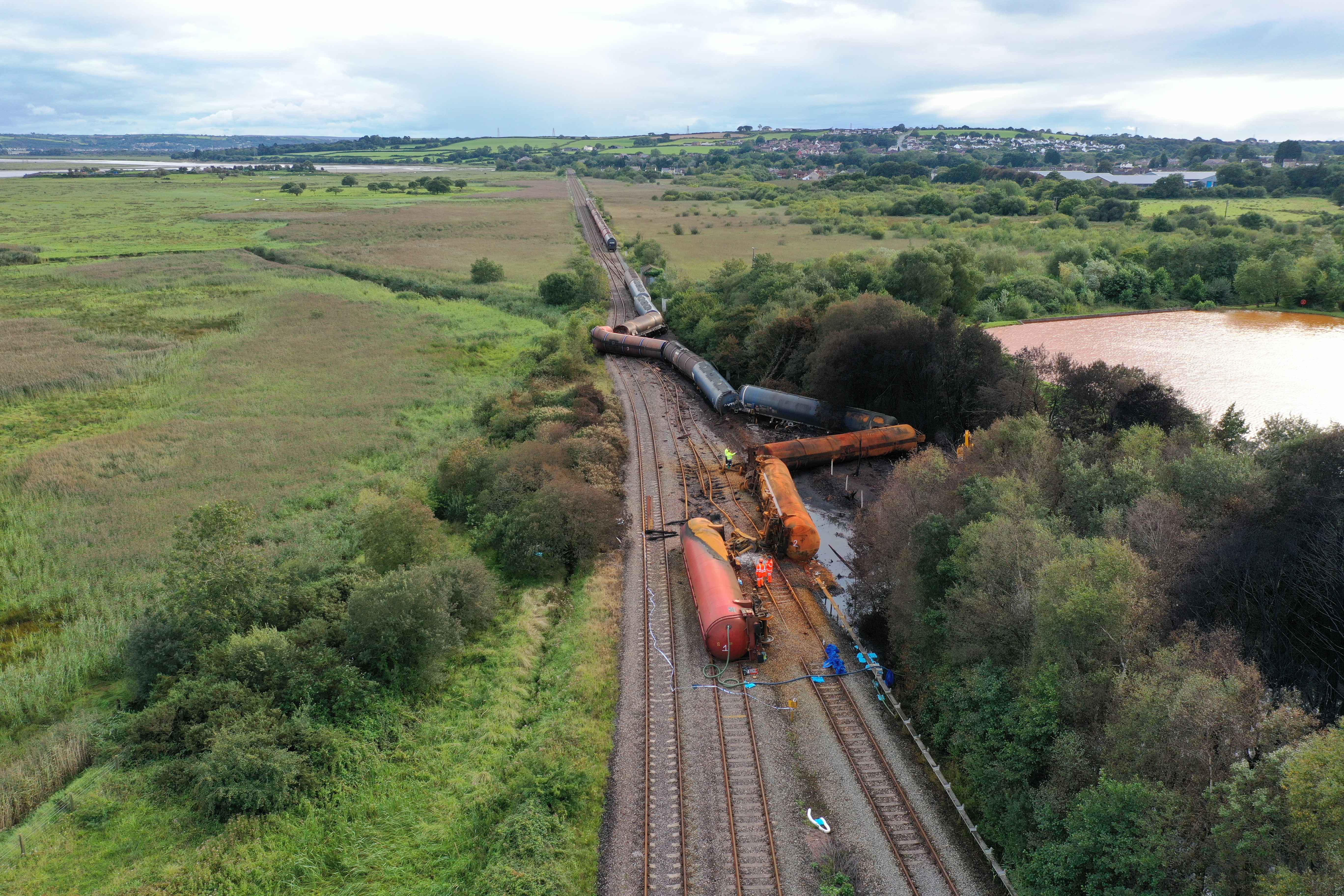 An aerial view of the derailed train