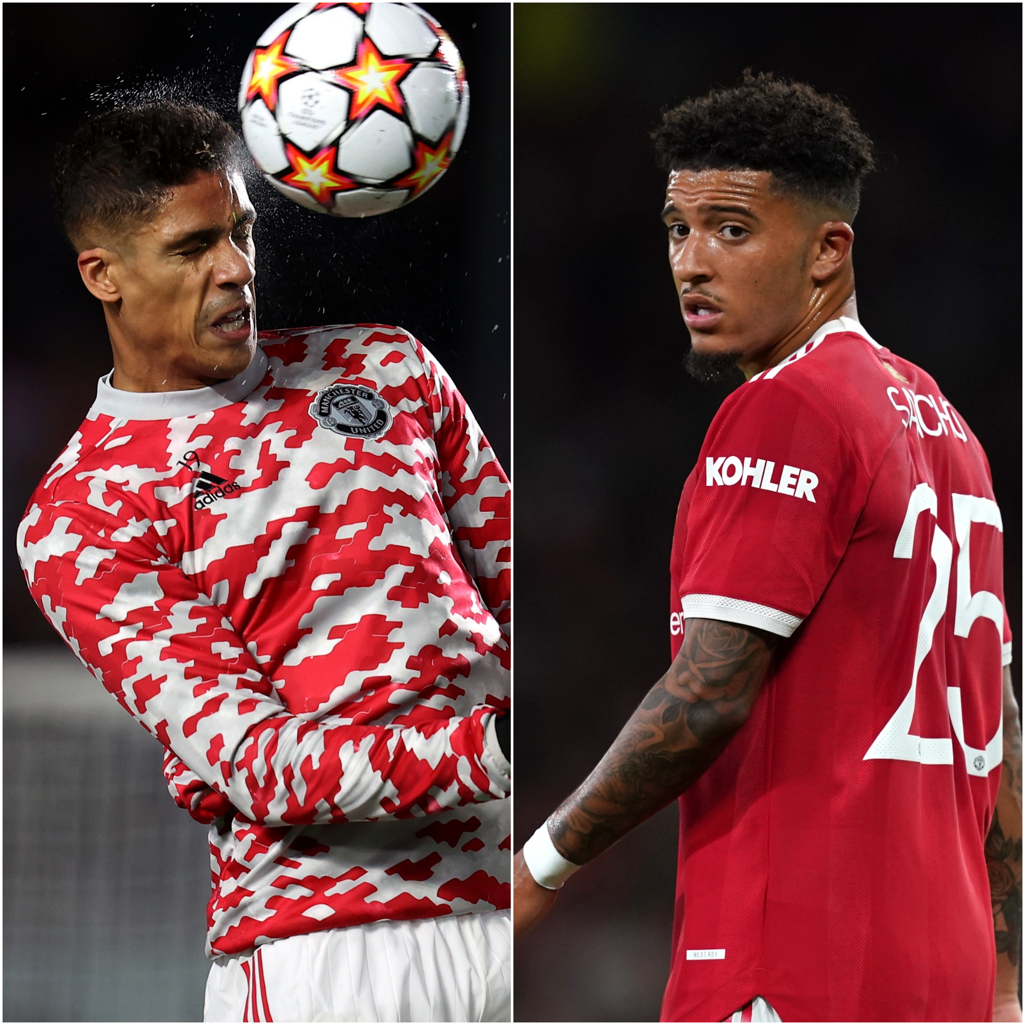 Raphael Varane, left, and Jadon Sancho