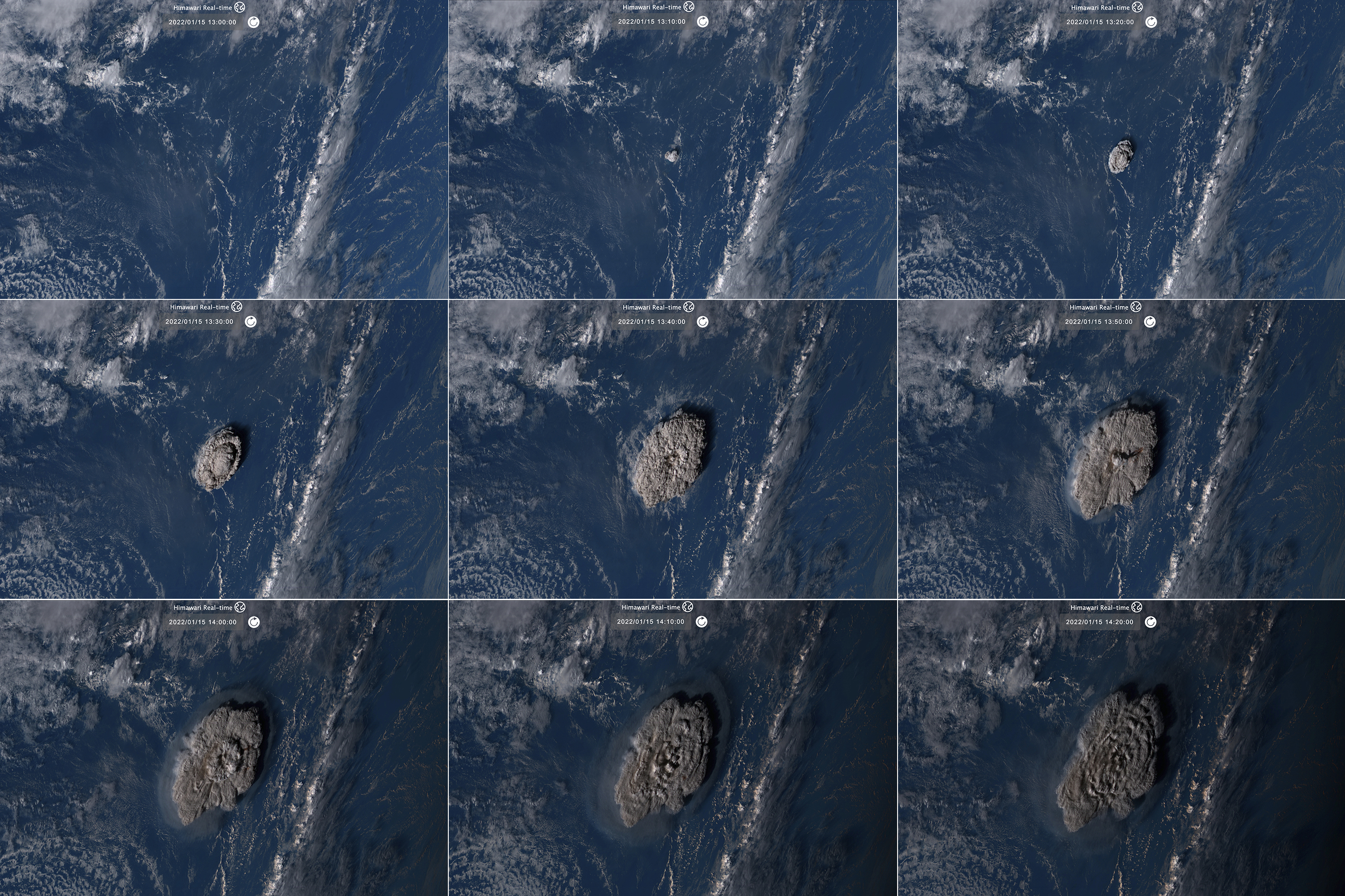 This combination of satellite images taken by Himawari-8, a Japanese weather satellite operated by Japan Meteorological Agency and released by National Institute of Information and Communications Technology (NICT), shows an undersea volcano eruption of the Pacific nation of Tonga 