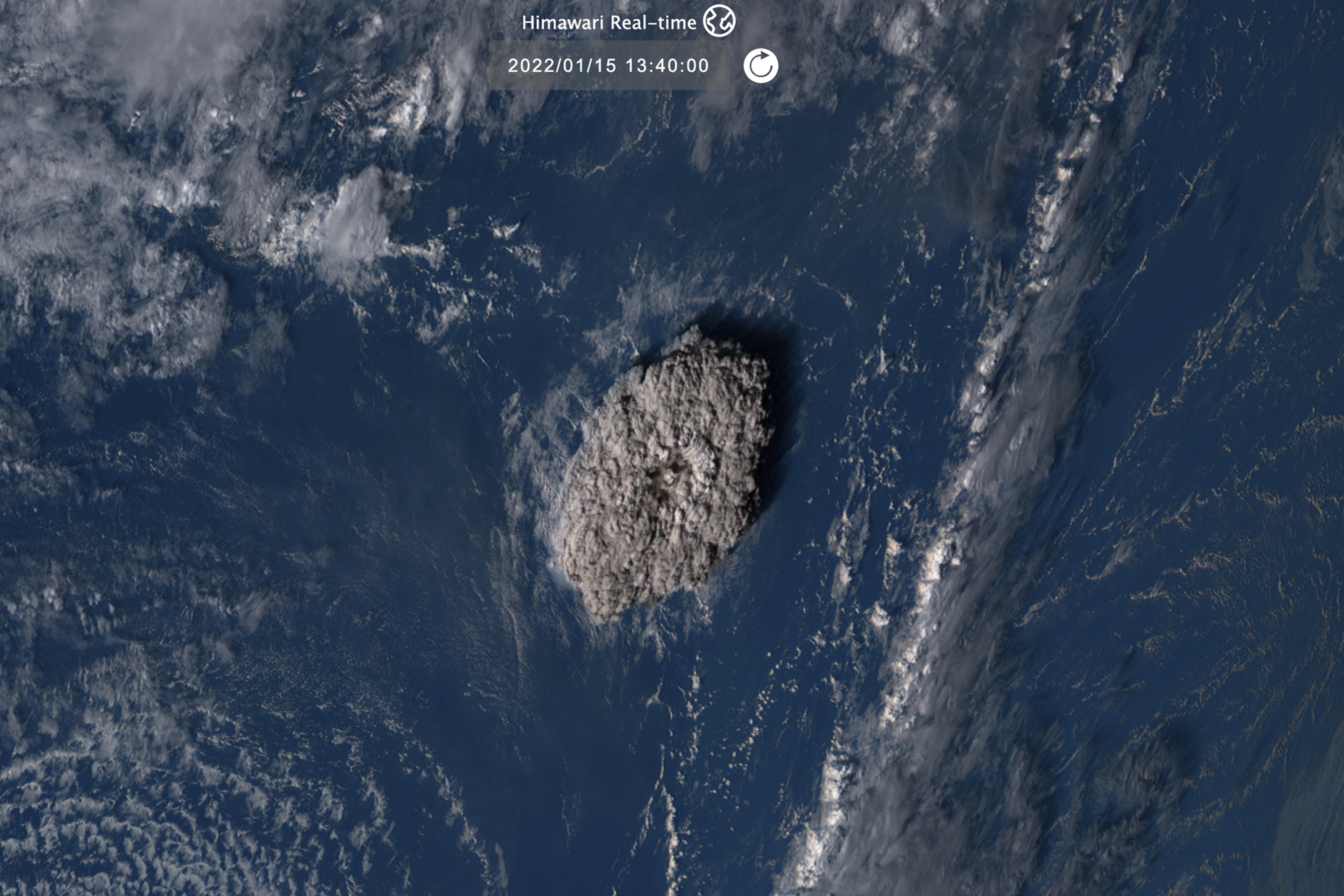 This satellite image taken by Himawari-8, a Japanese weather satellite operated by Japan Meteorological Agency and released by National Institute of Information and Communications Technology (NICT), shows an undersea volcano eruption at the Pacific nation of Tonga 