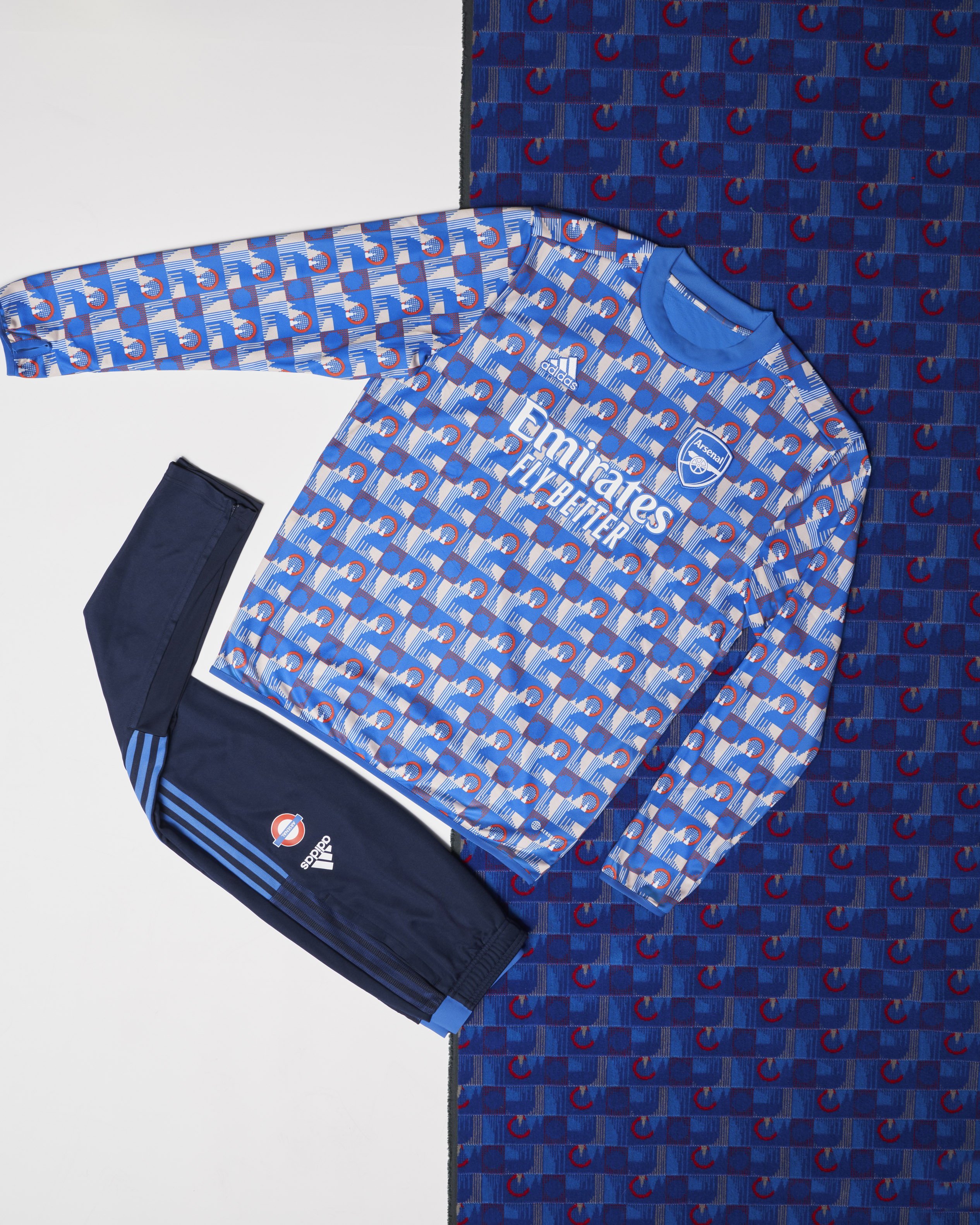 The new clothing range alongside the pattern used on Piccadilly line seats