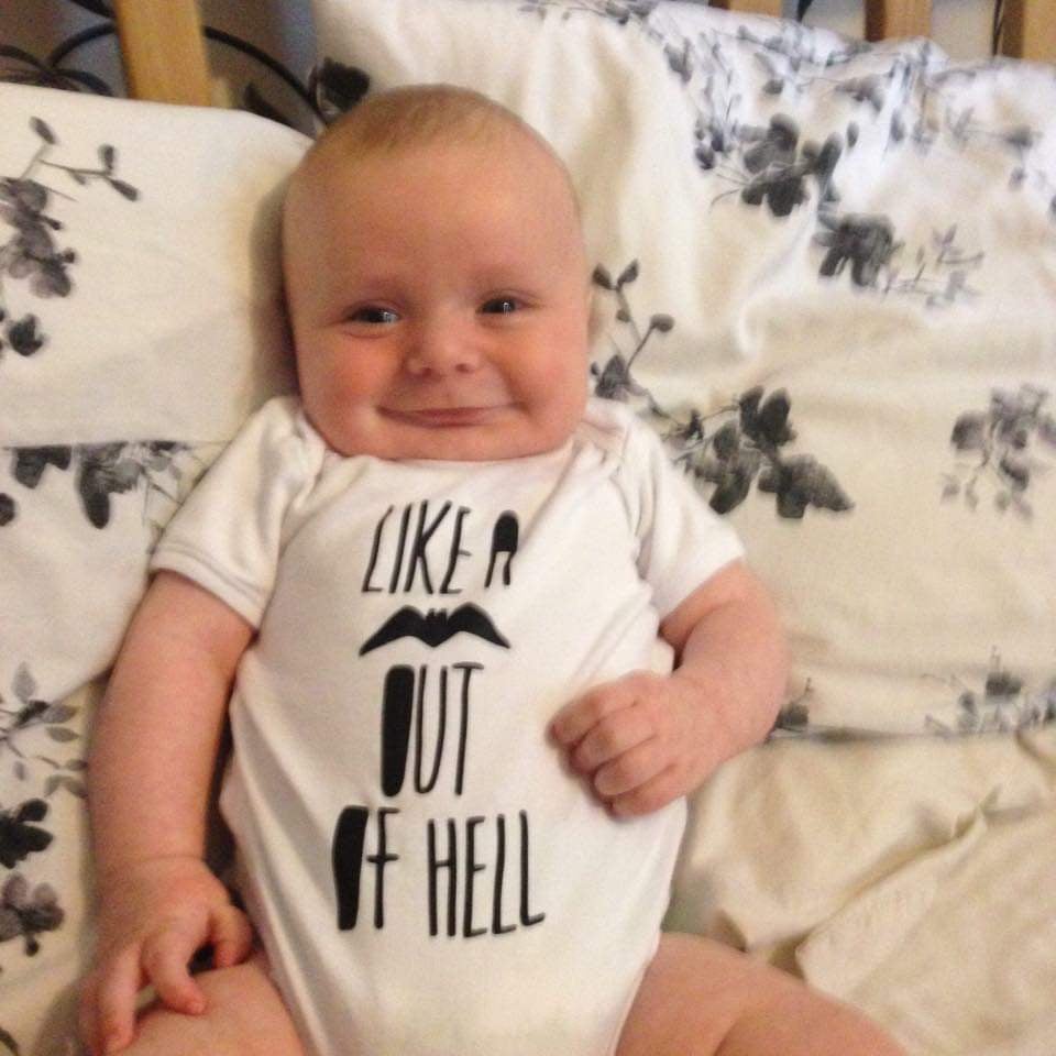 Sarah Maria Wardlaw's son Thomas wearing Meat Loaf merchandise