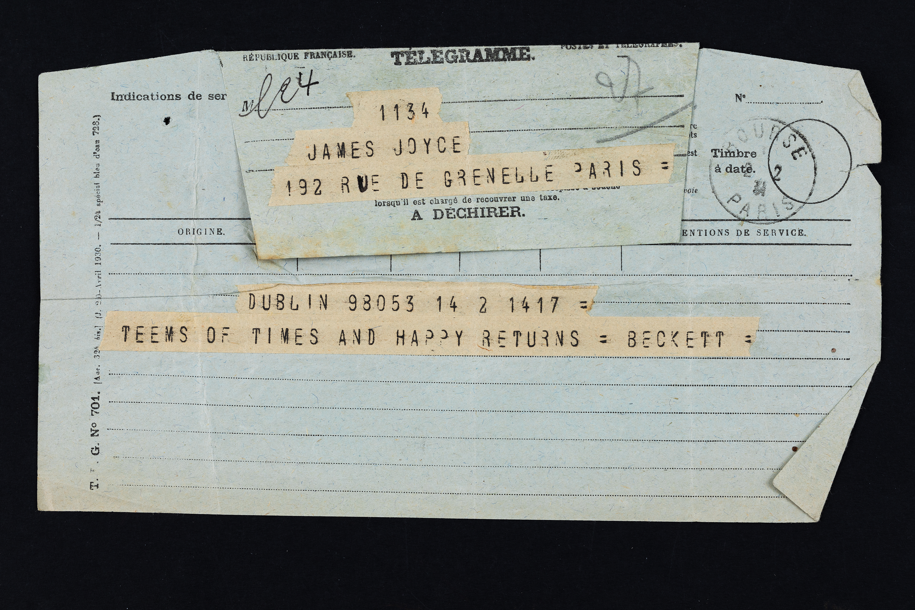 Birthday greetings telegram from Samuel Beckett to James Joyce, 2 February 1931 (The Beckett Estate/ University of Reading)