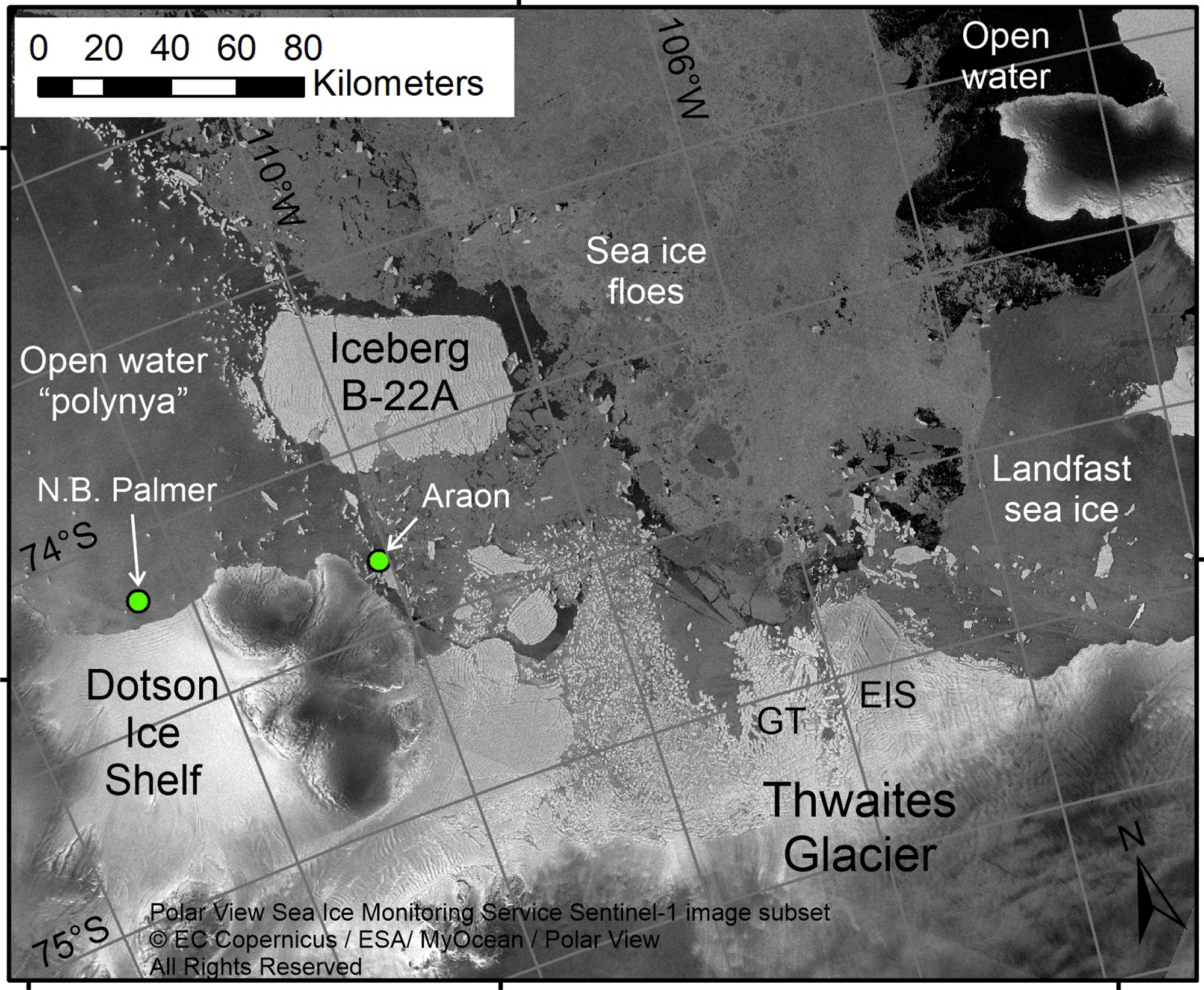 A satellite image from the European Space Agency, annotated by marine geophysicist Robert Larter, showing the positions of research vessels in Antarctica
