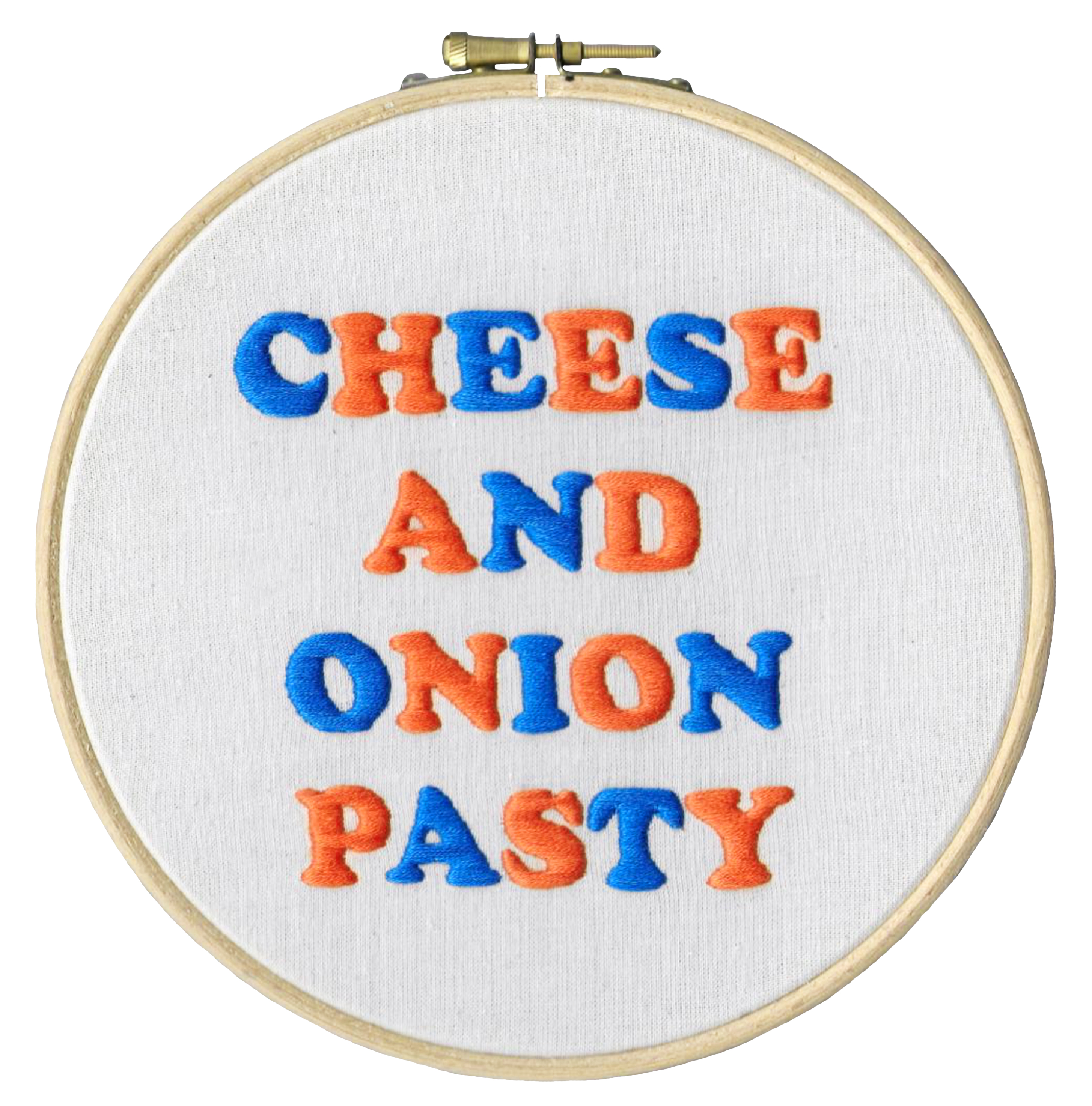 The words "Cheese and Onion Pasty" embroidered