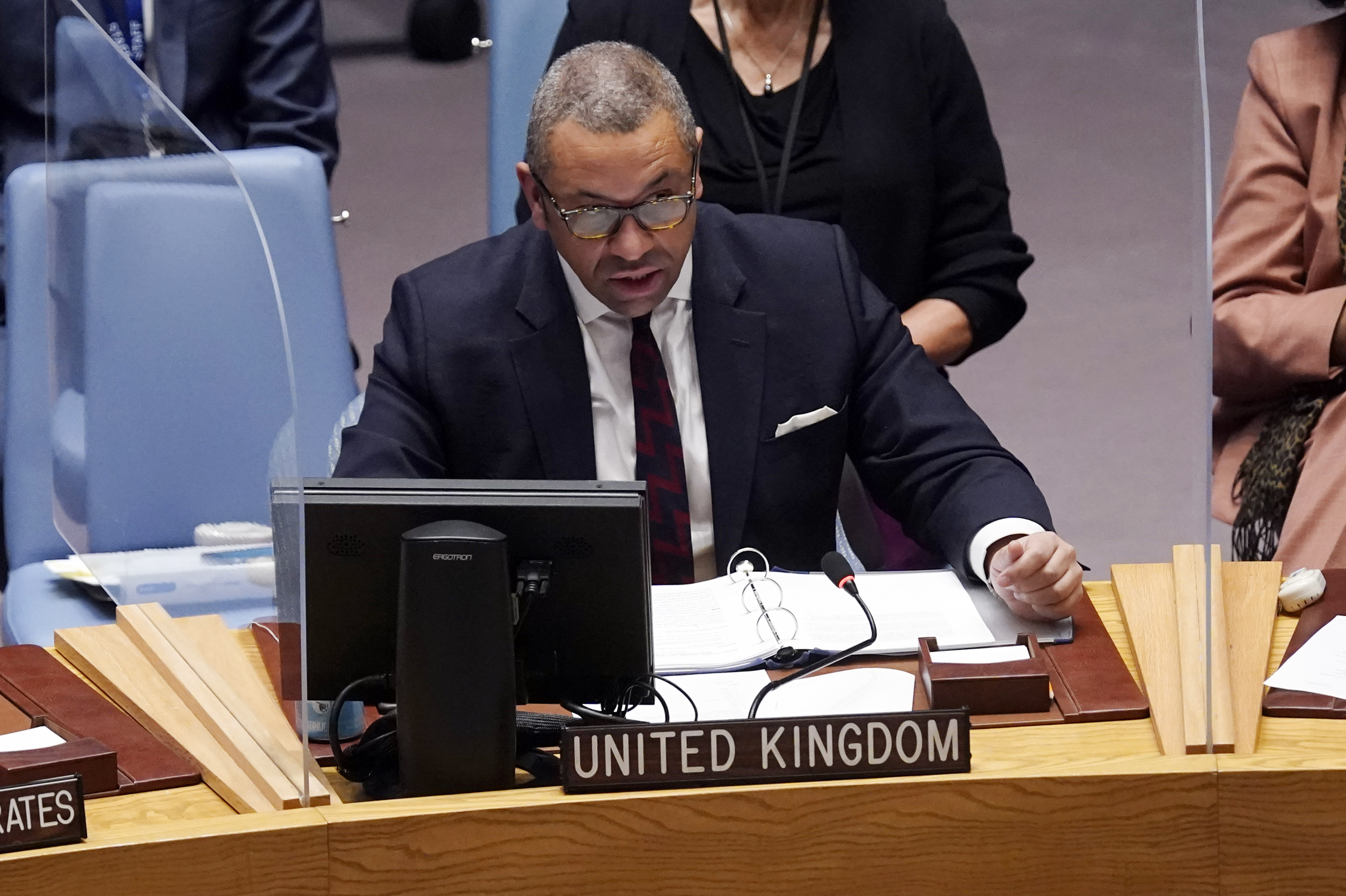 Foreign Office minister James Cleverly addresses the United Nations Security Council