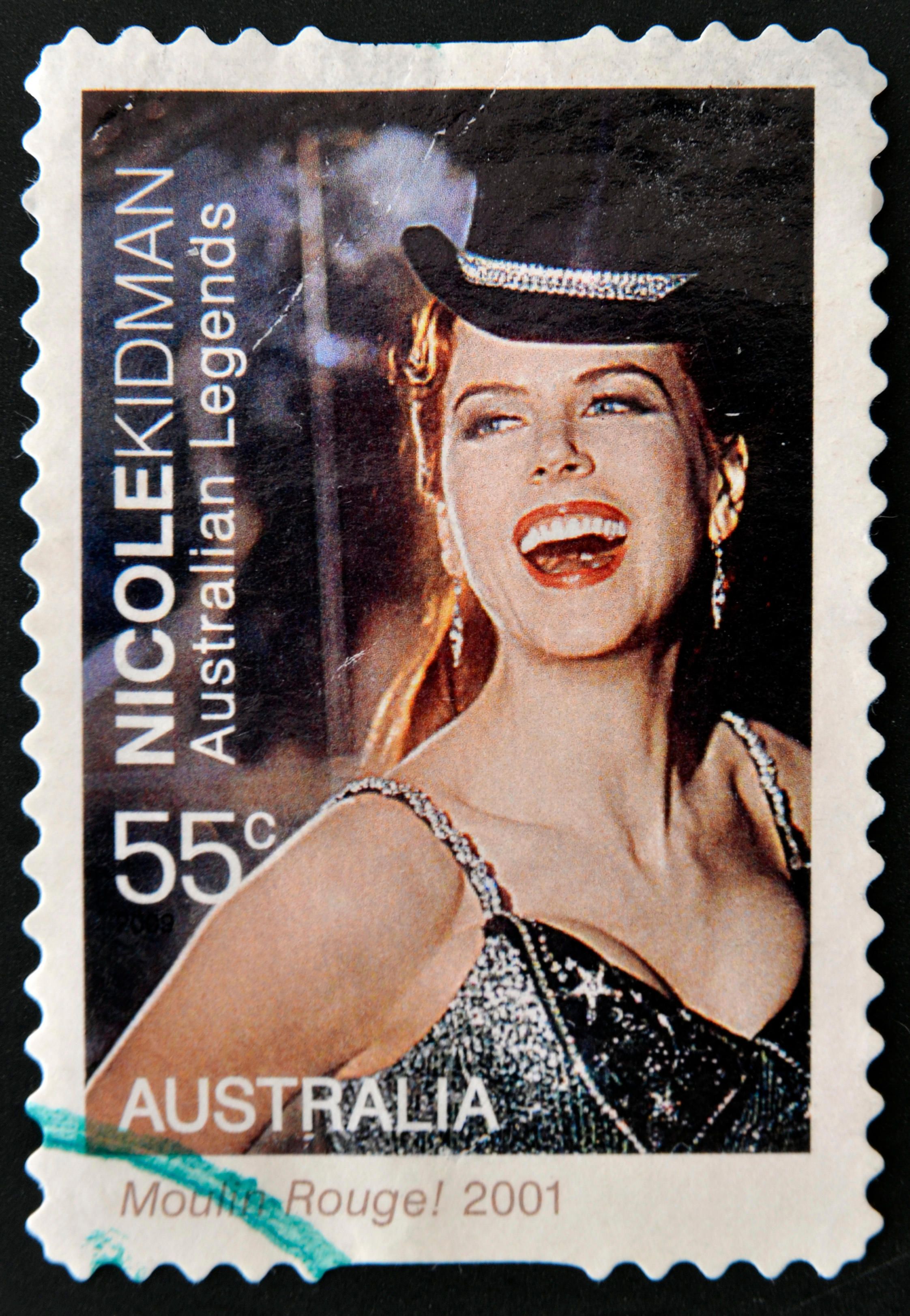 A stamp printed in Australia shows portrait of Nicole Kidman in the movie Moulin Rouge