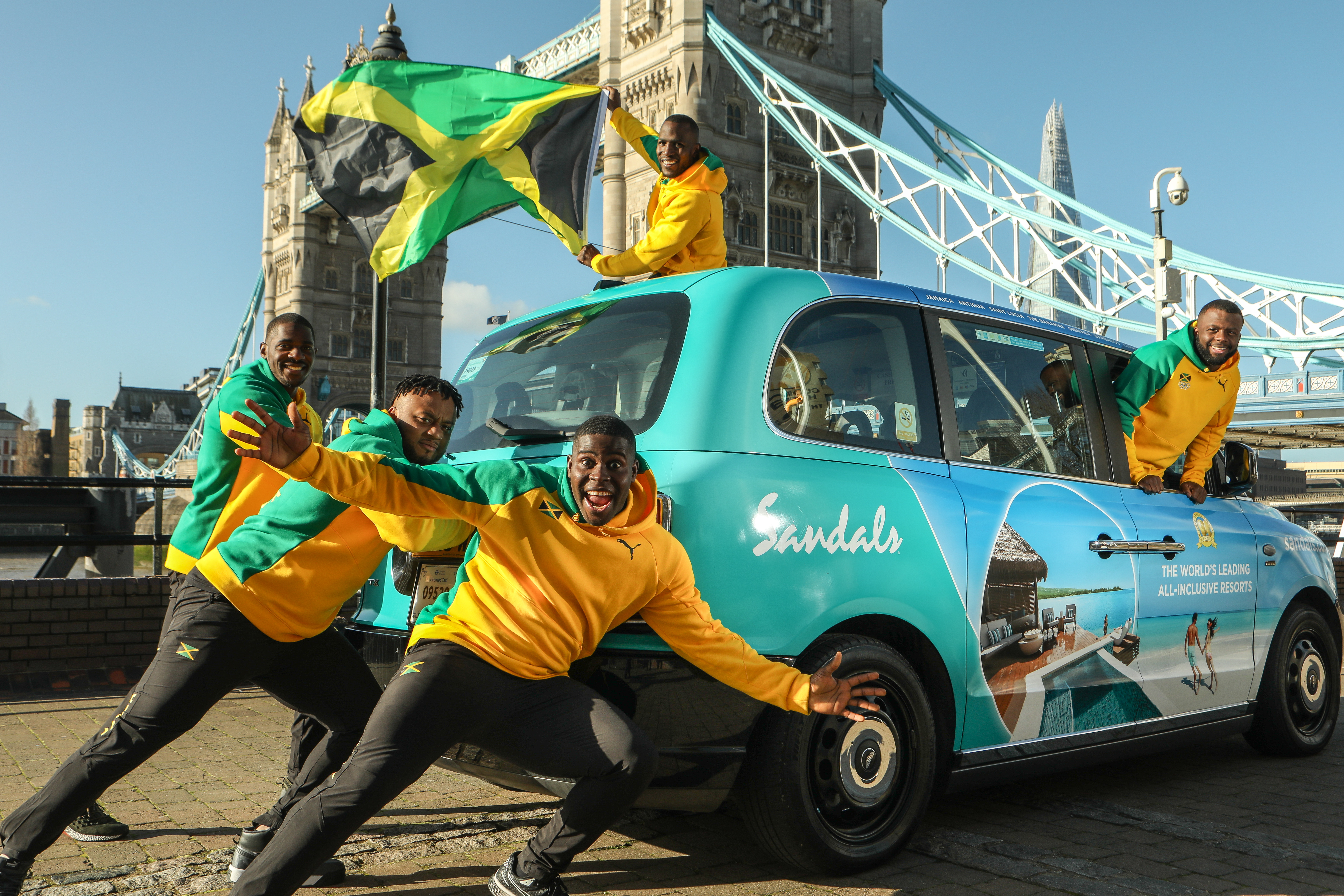 Members of the Jamaican bobsleigh team including bobsleigh pilot Shanwayne Stephens (front) and teammates (l-r) - Matthew Wekpe, Ashley Watson, Nimroy Turgott and Rolando Reid (Alex Maguire Photography/PA)