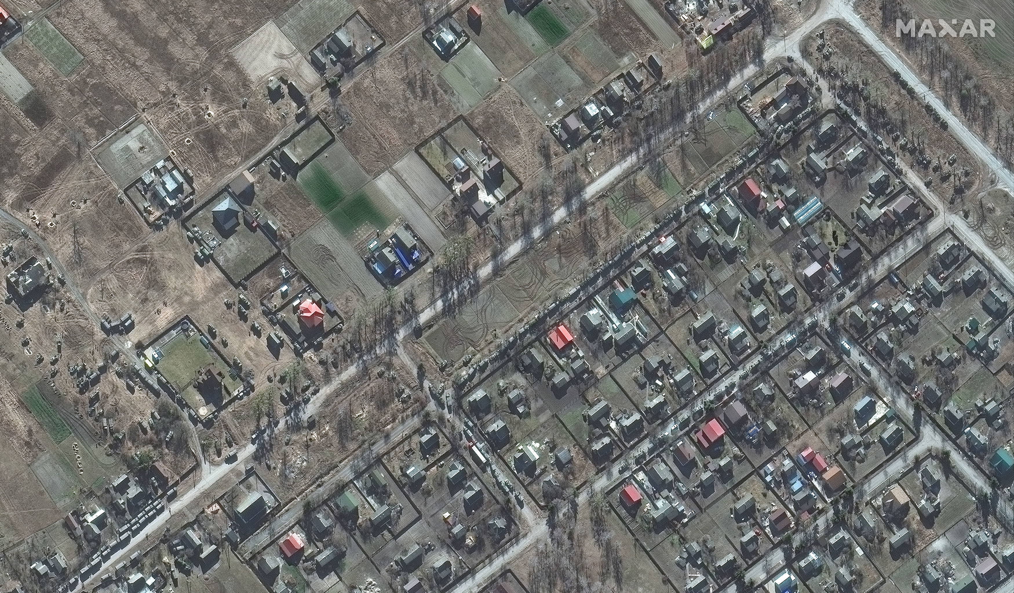 This satellite image shows deployment of ground forces in Zdvyzhivka, north west of Kyiv, Ukraine