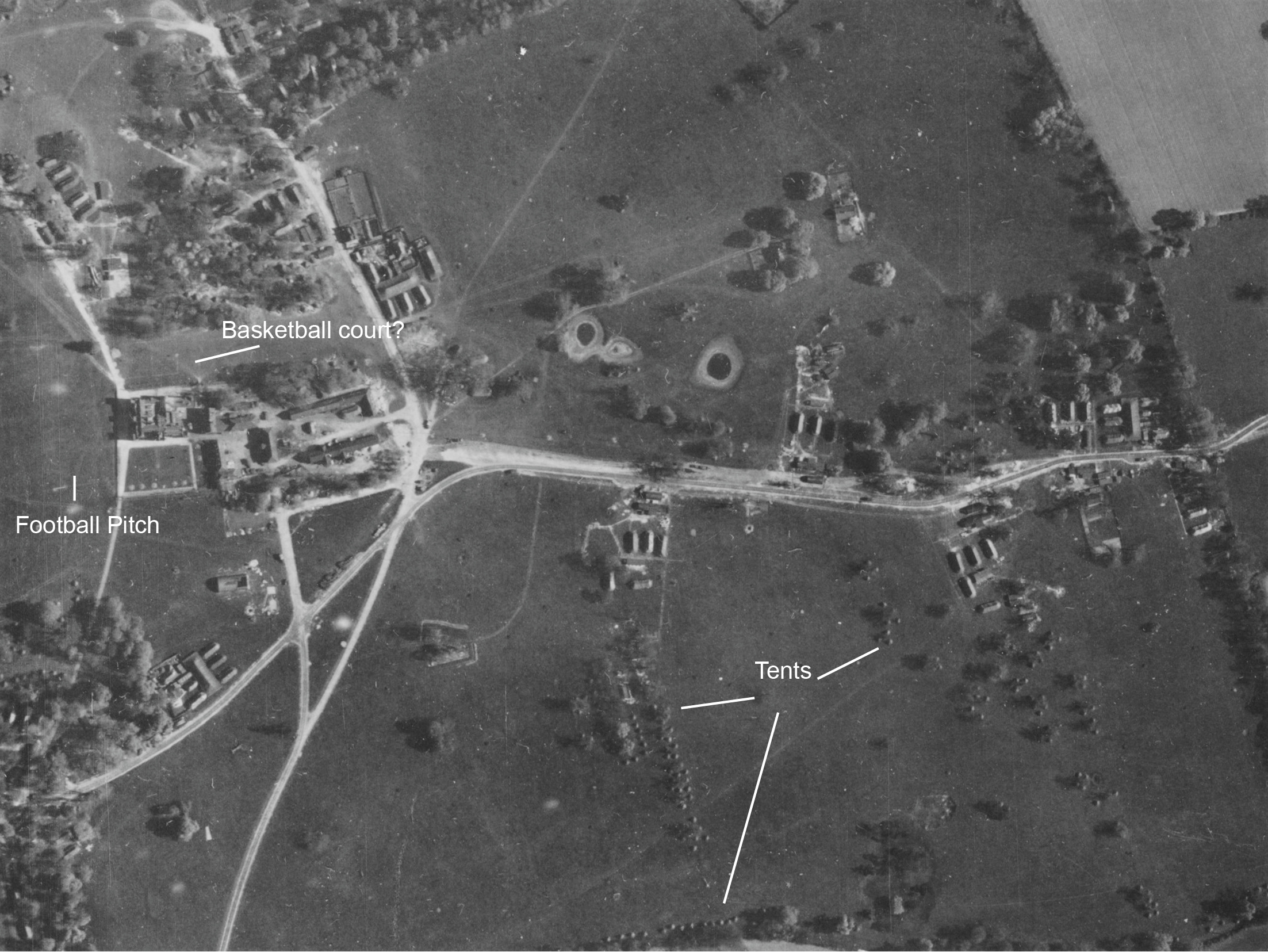 An RAF aerial photograph taken in April 1944 shows the Second World War military camp at Belhus Park in Thurrock, Essex. (Historic England Archive/ PA)