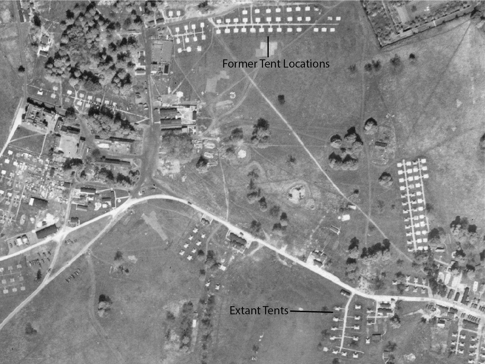 An aerial photograph showing the military camp at Belhus Park in 1946, with the location of standing tents and the former location of others annotated. (Historic England Archive/ PA)