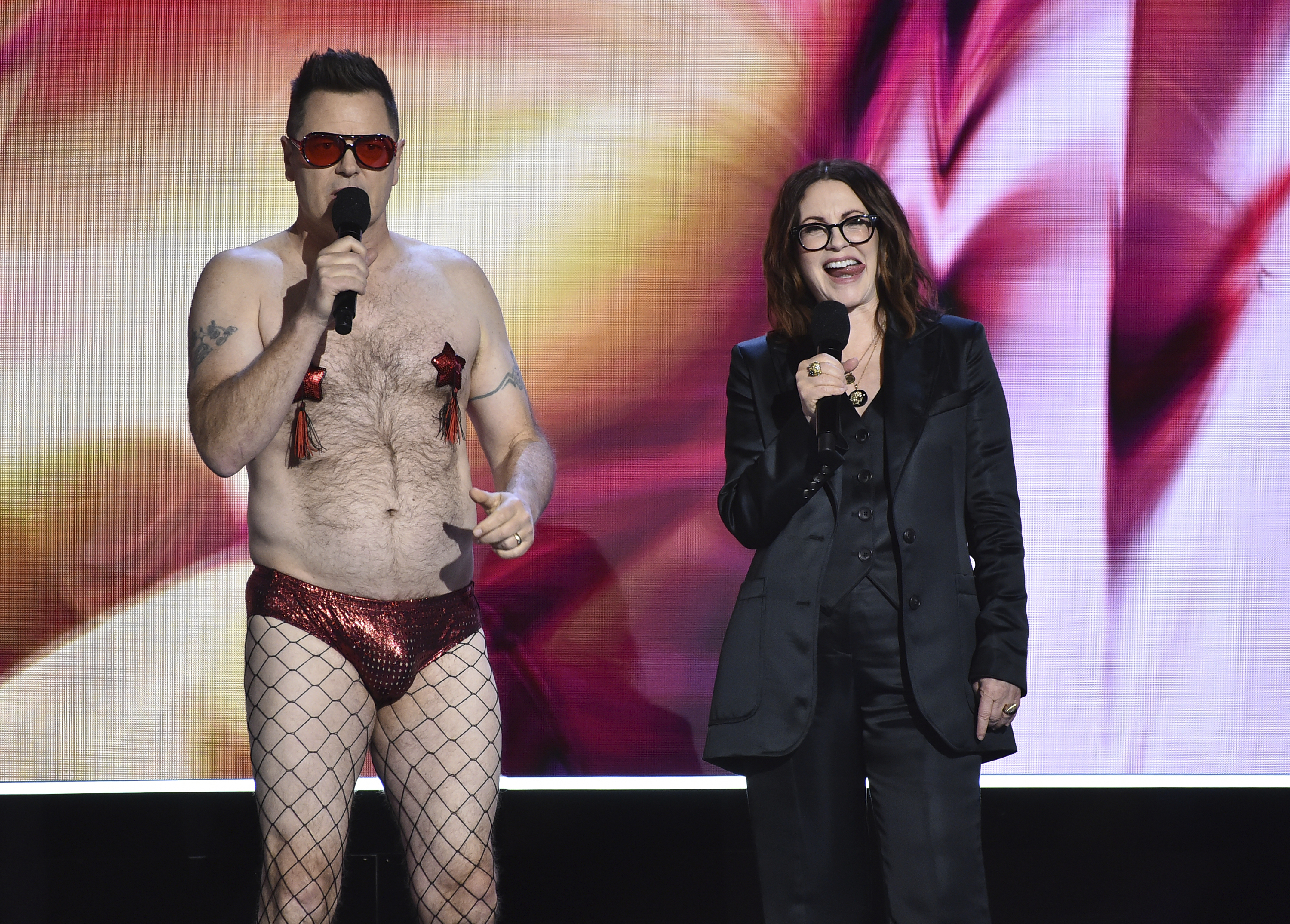 Hosts Nick Offerman and Megan Mullally speak at the 37th Film Independent Spirit Awards
