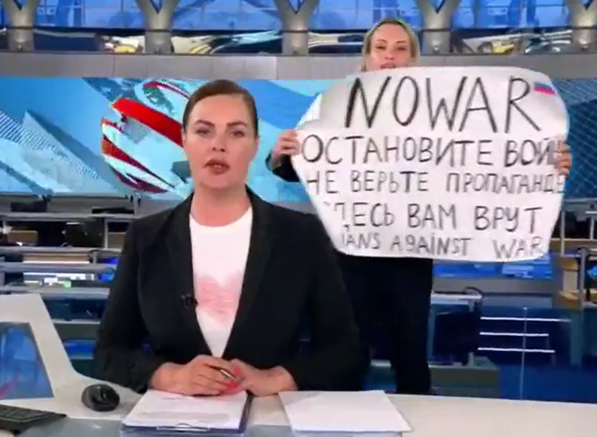 Marina Ovsyannikova during the protest on Russian state TV