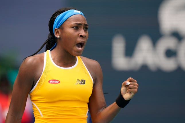 Coco Gauff celebrates a point against Wang Qiang of China, during the Miami Open tennis tournament on Friday (Wilfredo Lee/AP)