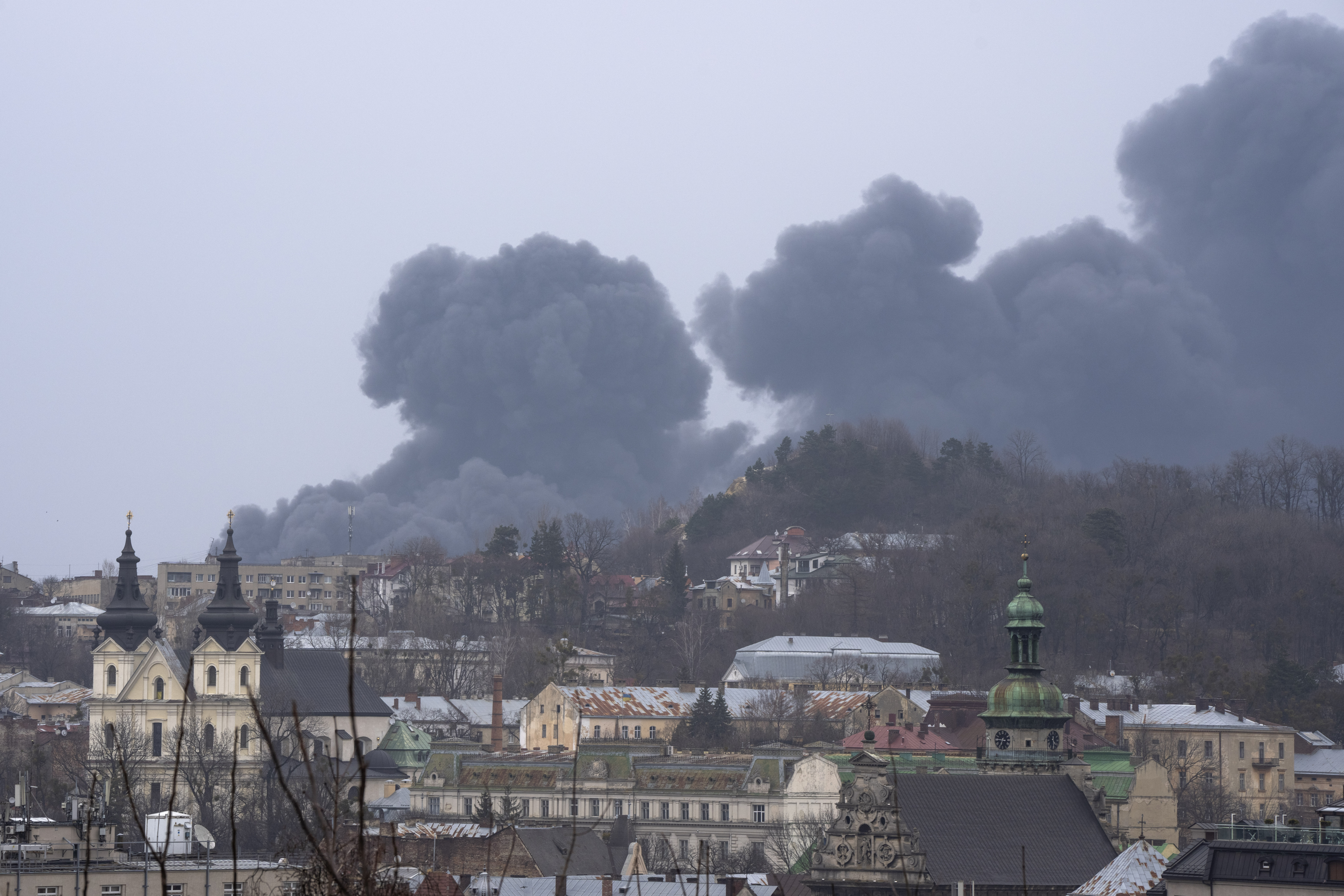 Smoke rises in the air in Lviv, western Ukraine on Saturday