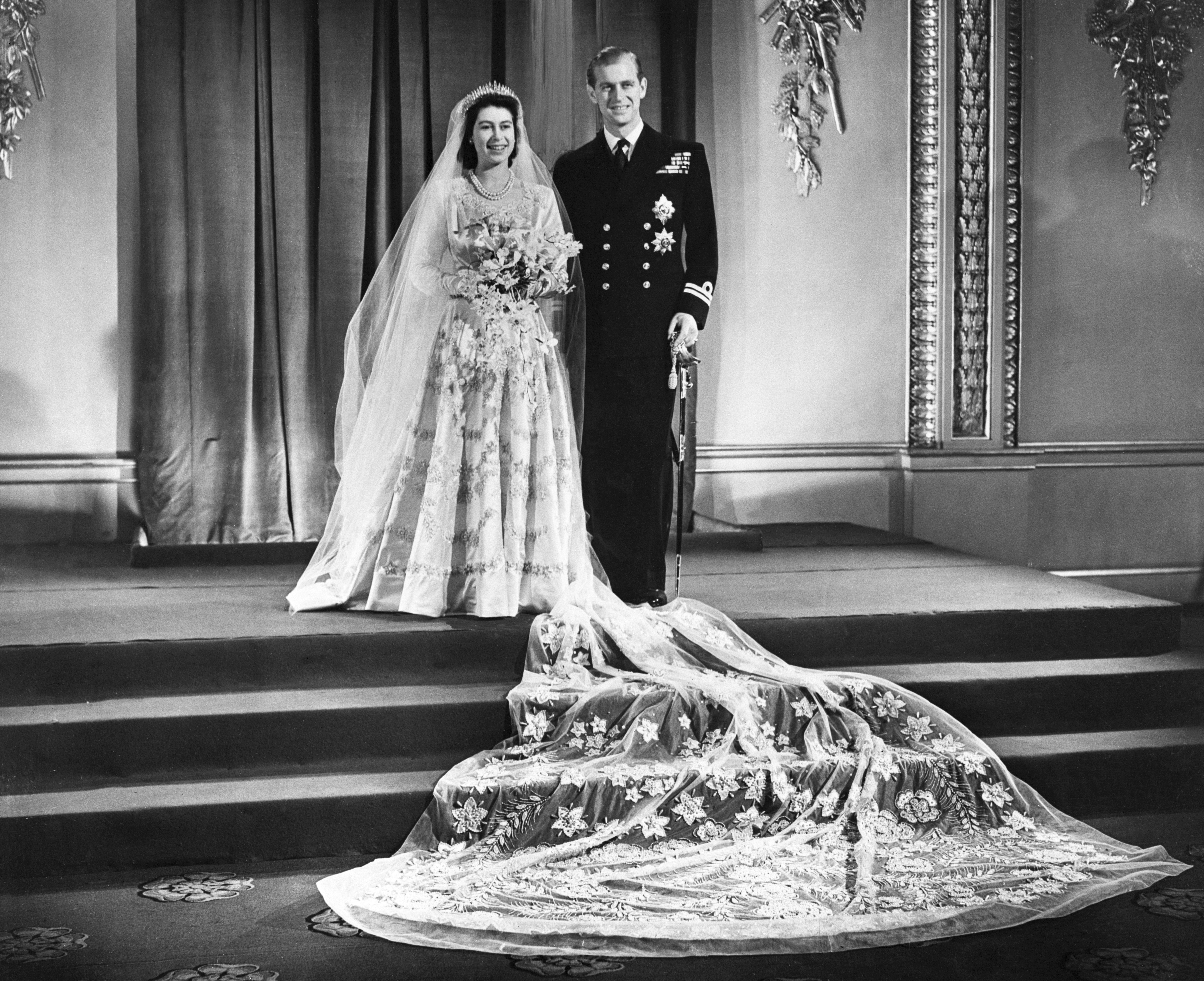 Princess Elizabeth and Lt Philip Mountbatten at Buckingham Palace after their wedding ceremony.