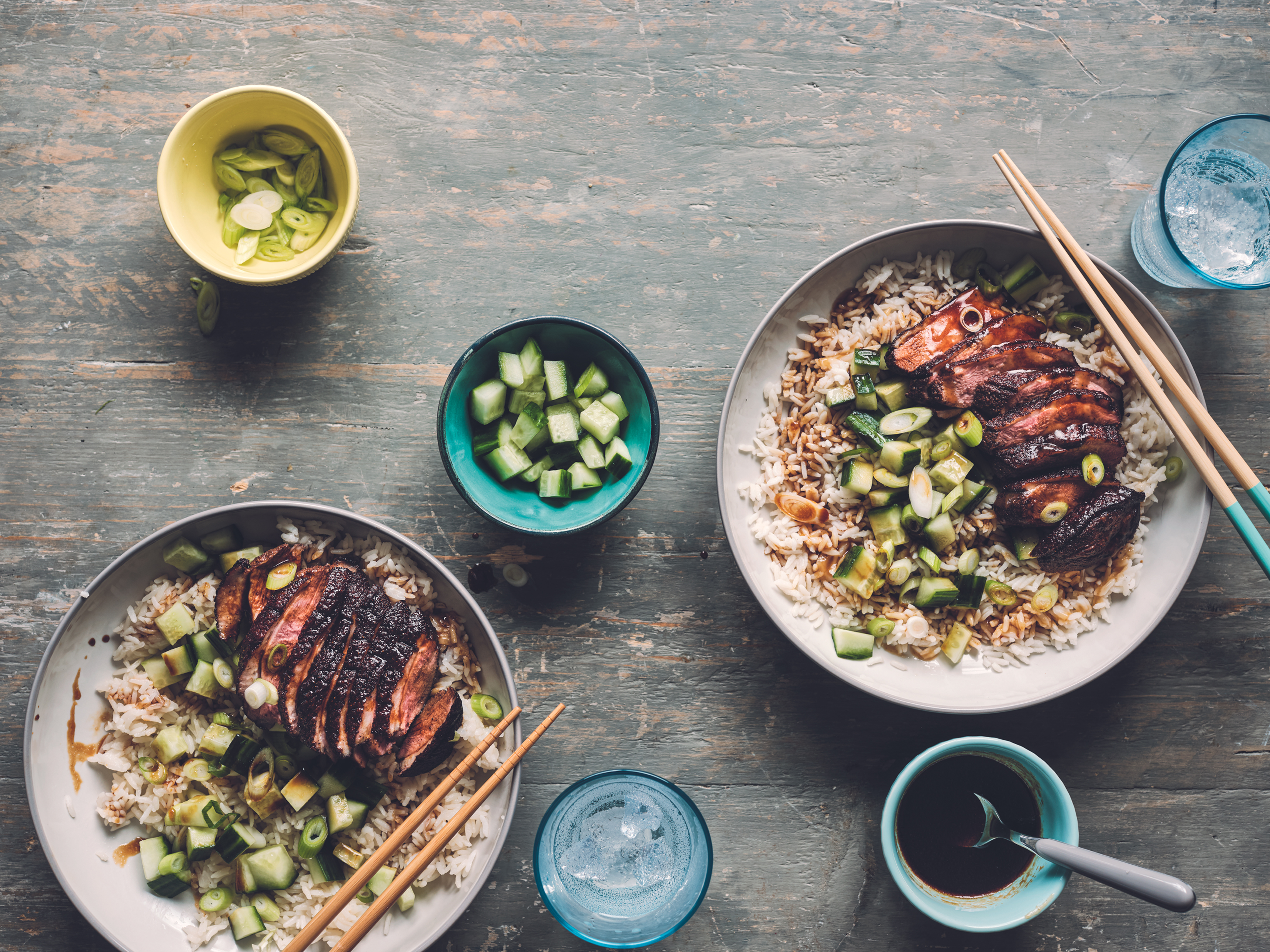 Five-spice hoisin duck and rice bowls from Easy by Chris Baber