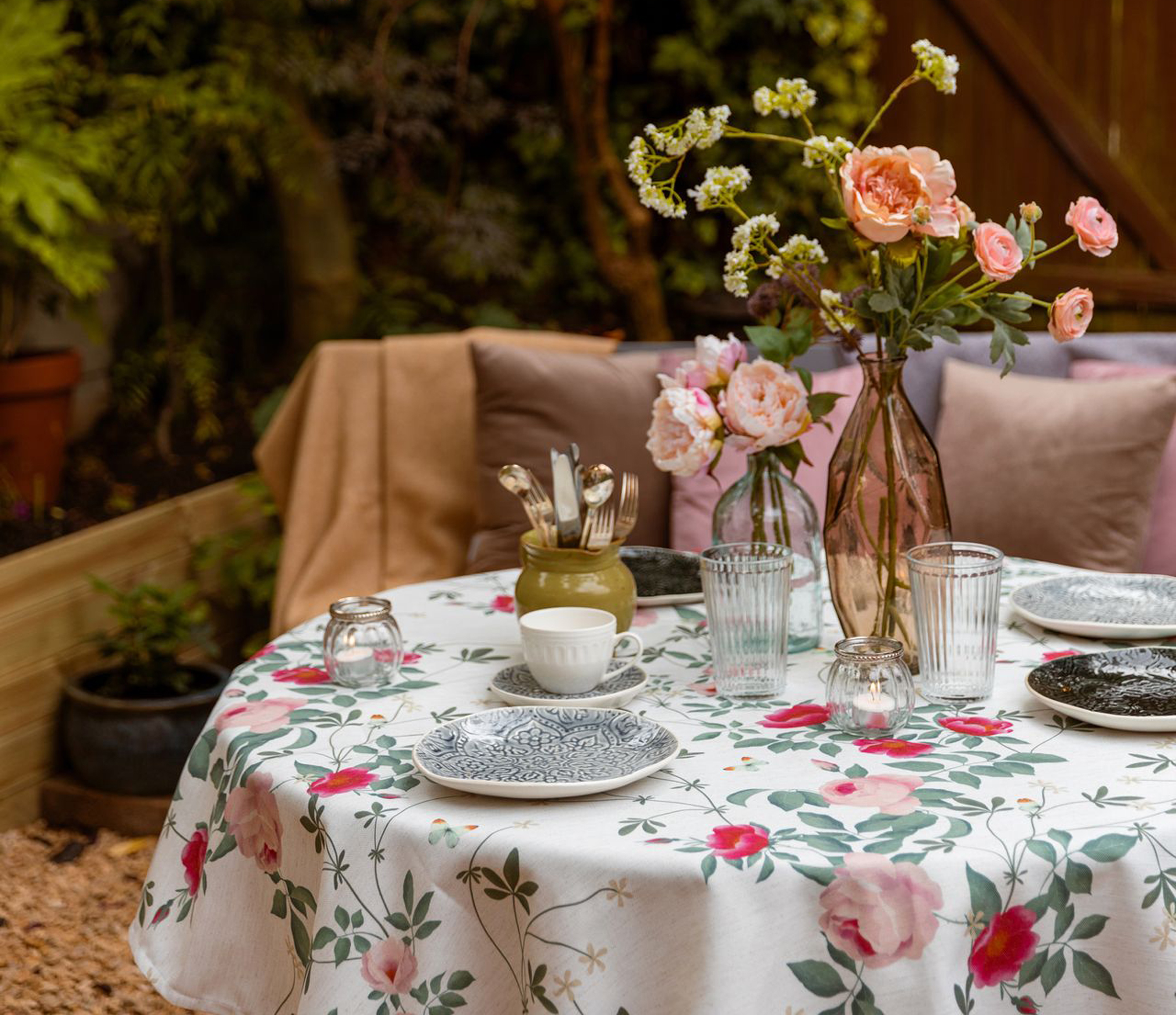 Celina Digby Luxury Eco-Friendly Recycled Linen-Like Fabric Tablecloth – Rose Garden Natural, Celina Digby