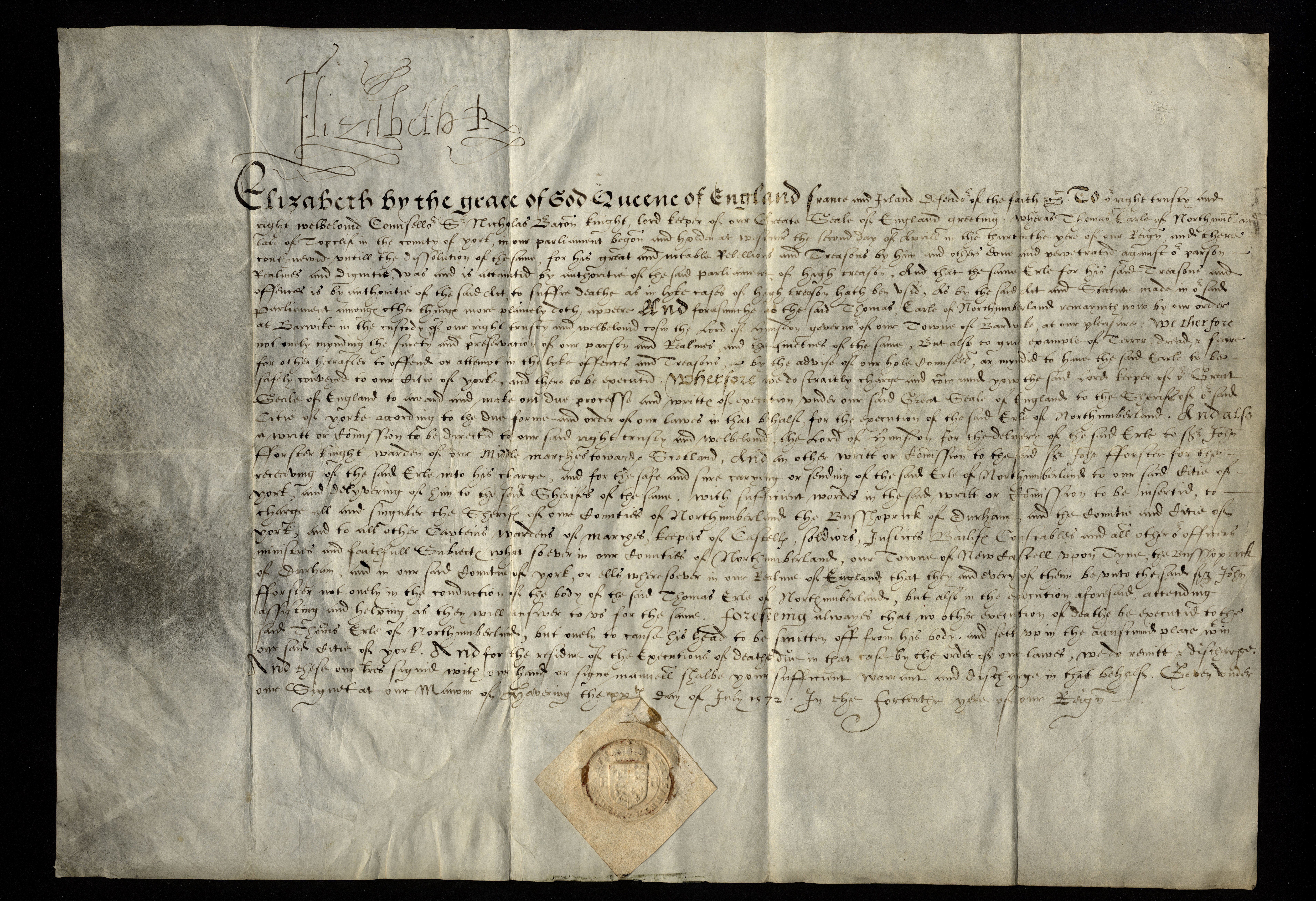 Commission to the Lord Keeper of the Great Seal for the making up of writs for the execution of the 7th Earl of Northumberland in 1572