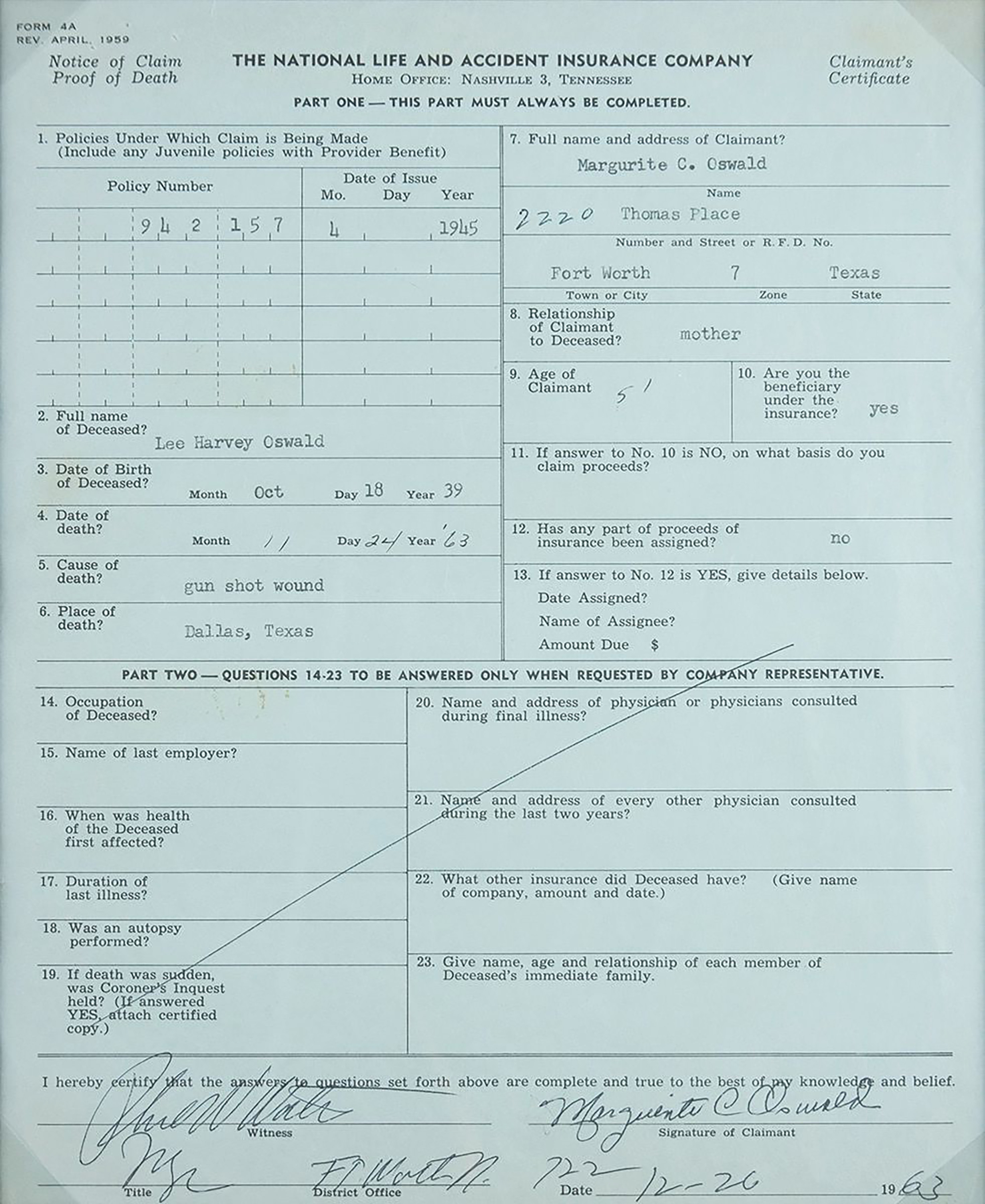 The Notice of Insurance Claim for Lee Harvey Oswald