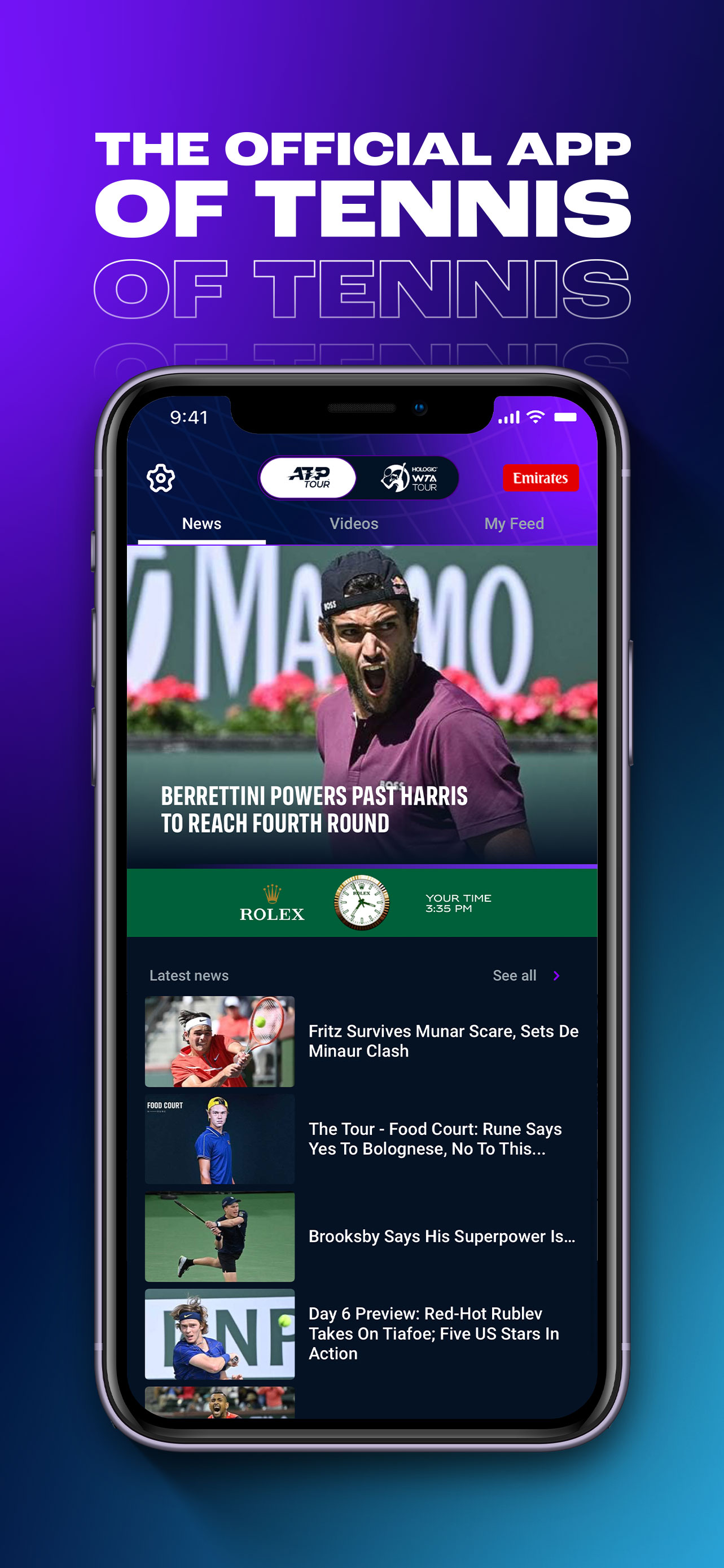 Screenshot of the new ATP WTA Live tennis app