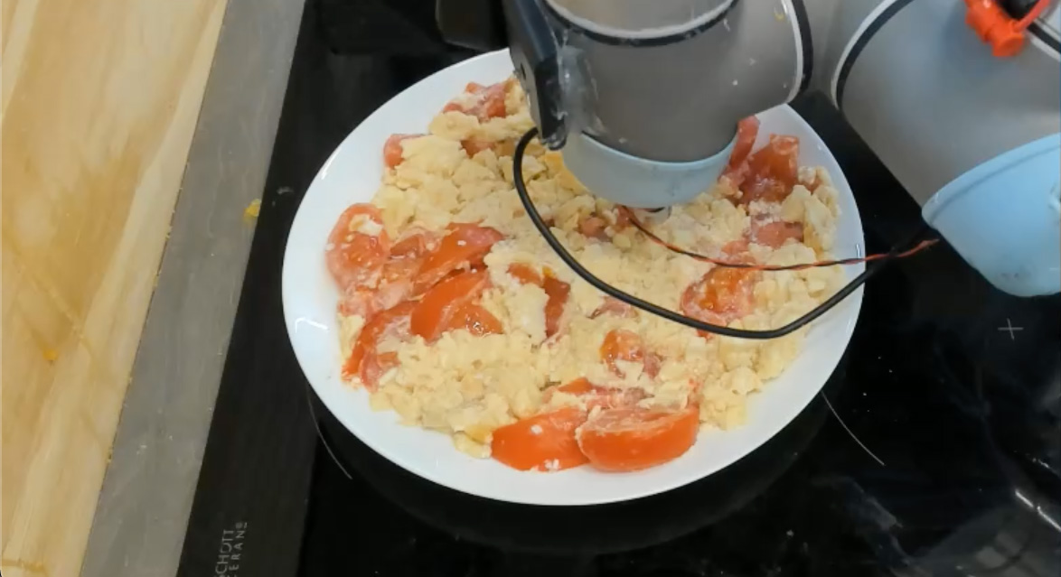 Robot tasting eggs and tomato