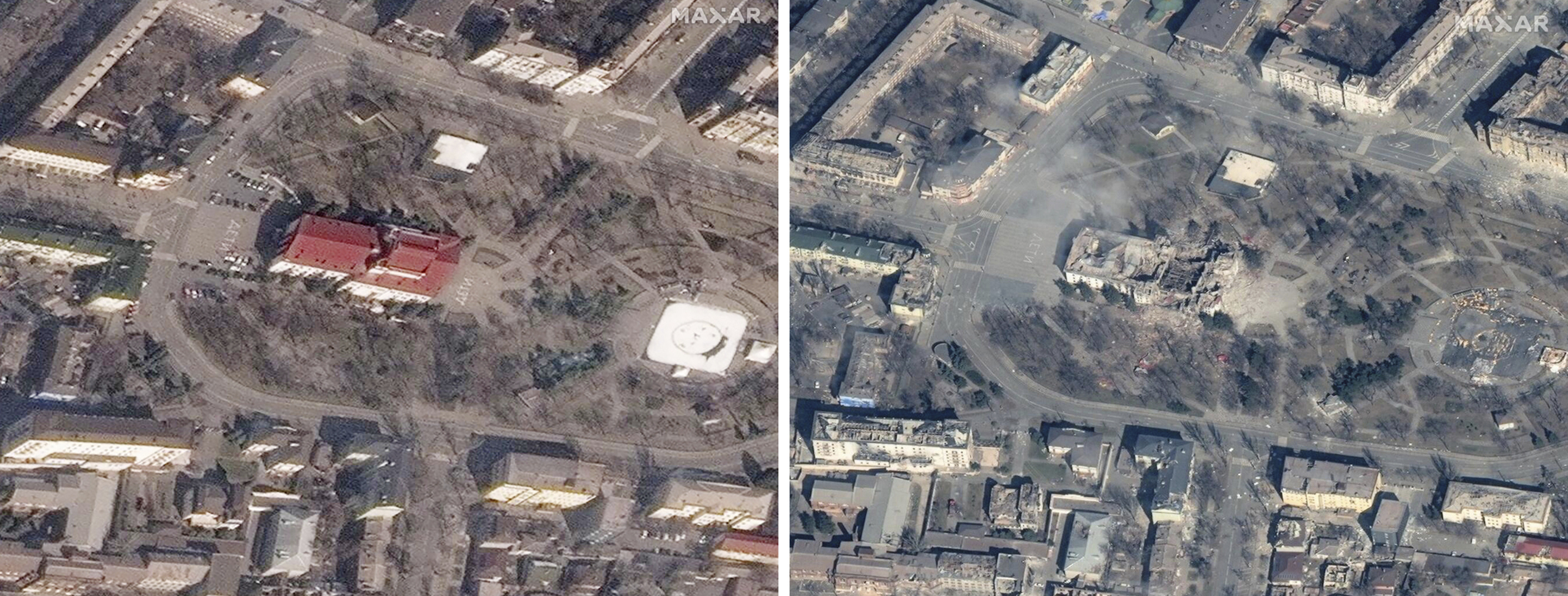 This combination of photos shows the Donetsk Academic Regional Drama Theatre in Mariupol, Ukraine, on March 14 2022, left, before the Russian bombing and after on March 29
