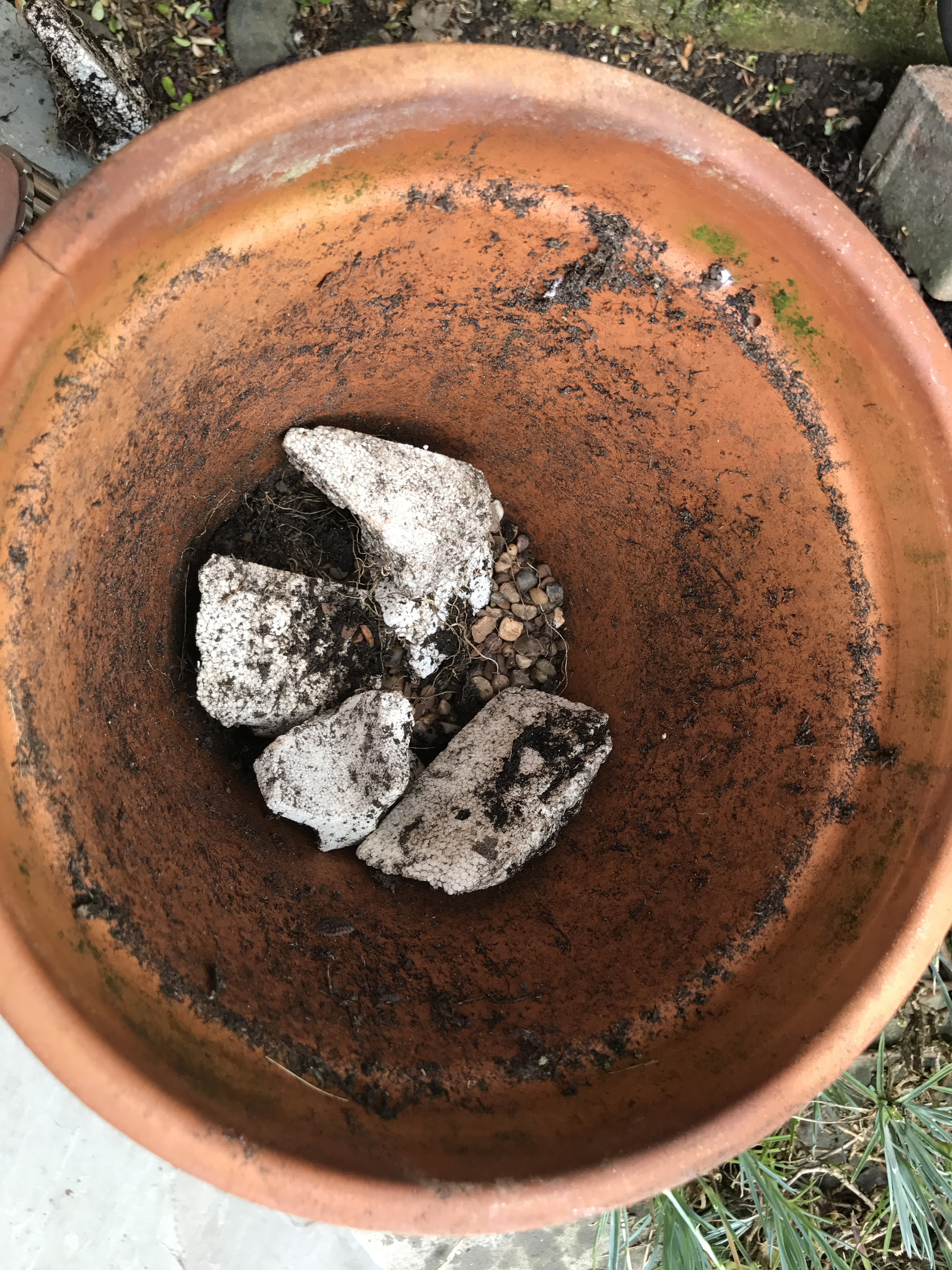 Polystyrene and grit at the base of a pot for drainage (Hannah Stephenson/PA)