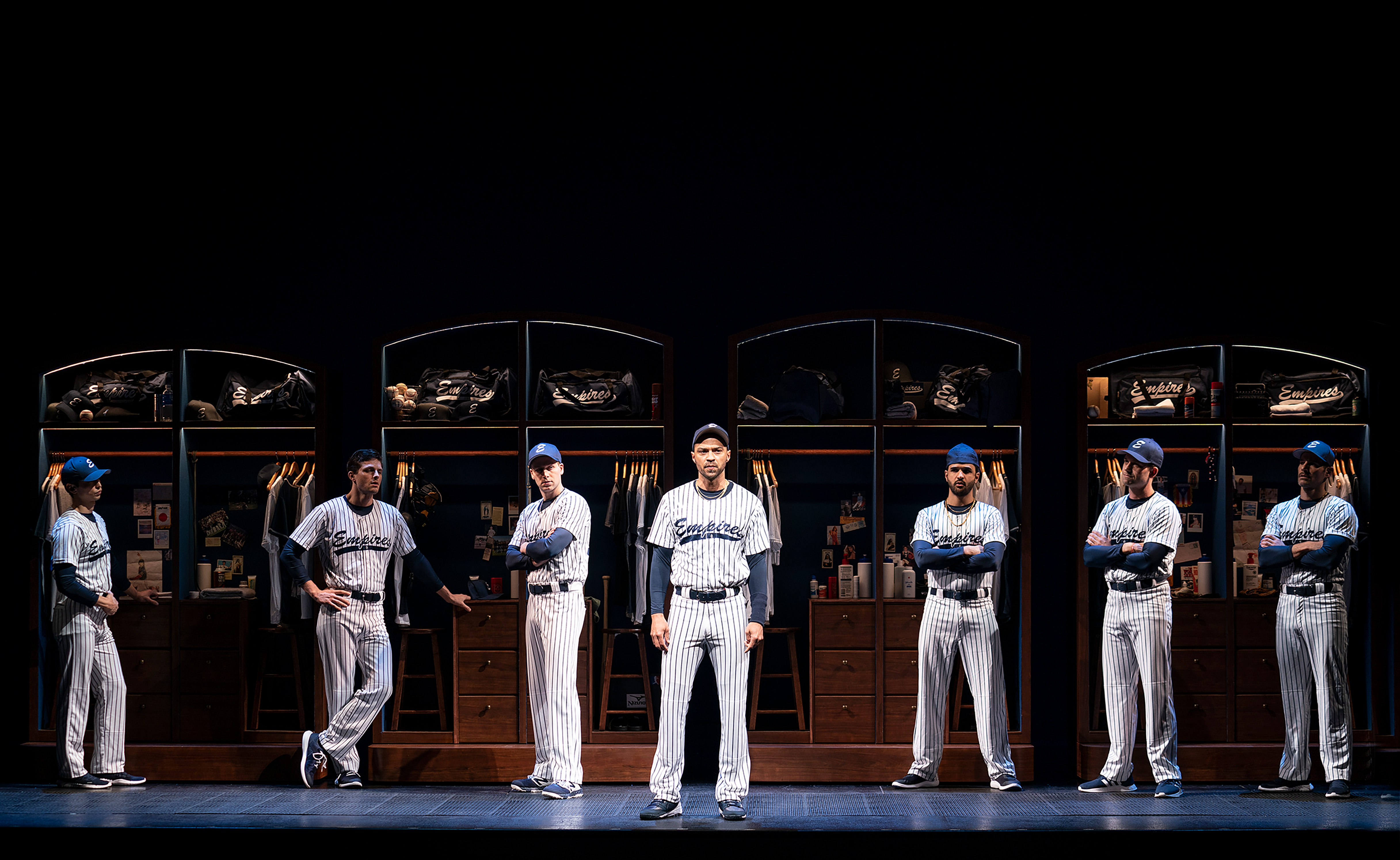 Jesse Williams, centre, during a performance of the Broadway revival of the baseball-themed Take Me Out in New York