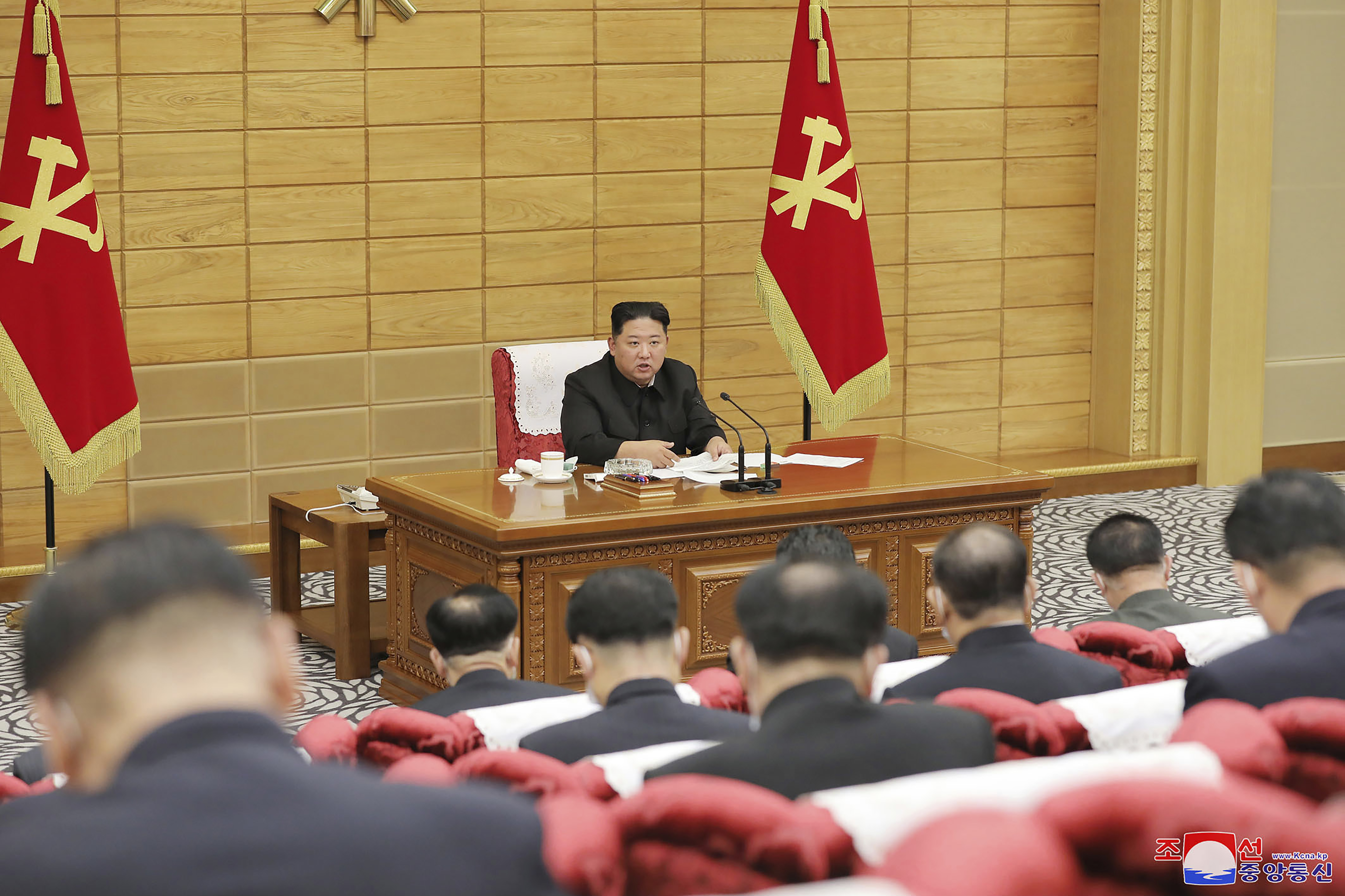 North Korean leader Kim Jong Un attends a meeting on anti-virus strategies in Pyongyang on Saturday