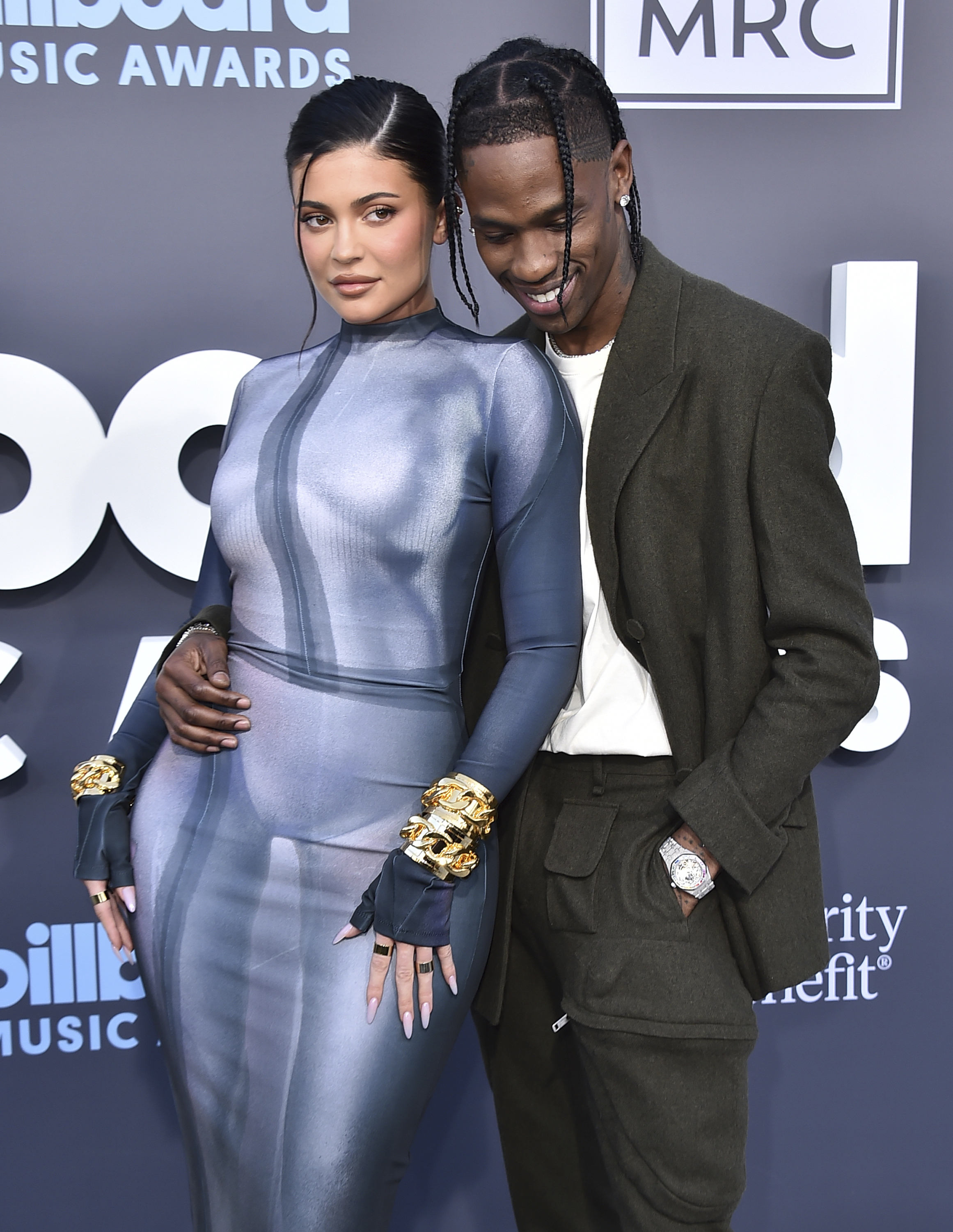 Kylie Jenner, left, and Travis Scott arrive at the Billboard Music Awards on Sunday, May 15, 2022, at the MGM Grand Garden Arena in Las Vegas